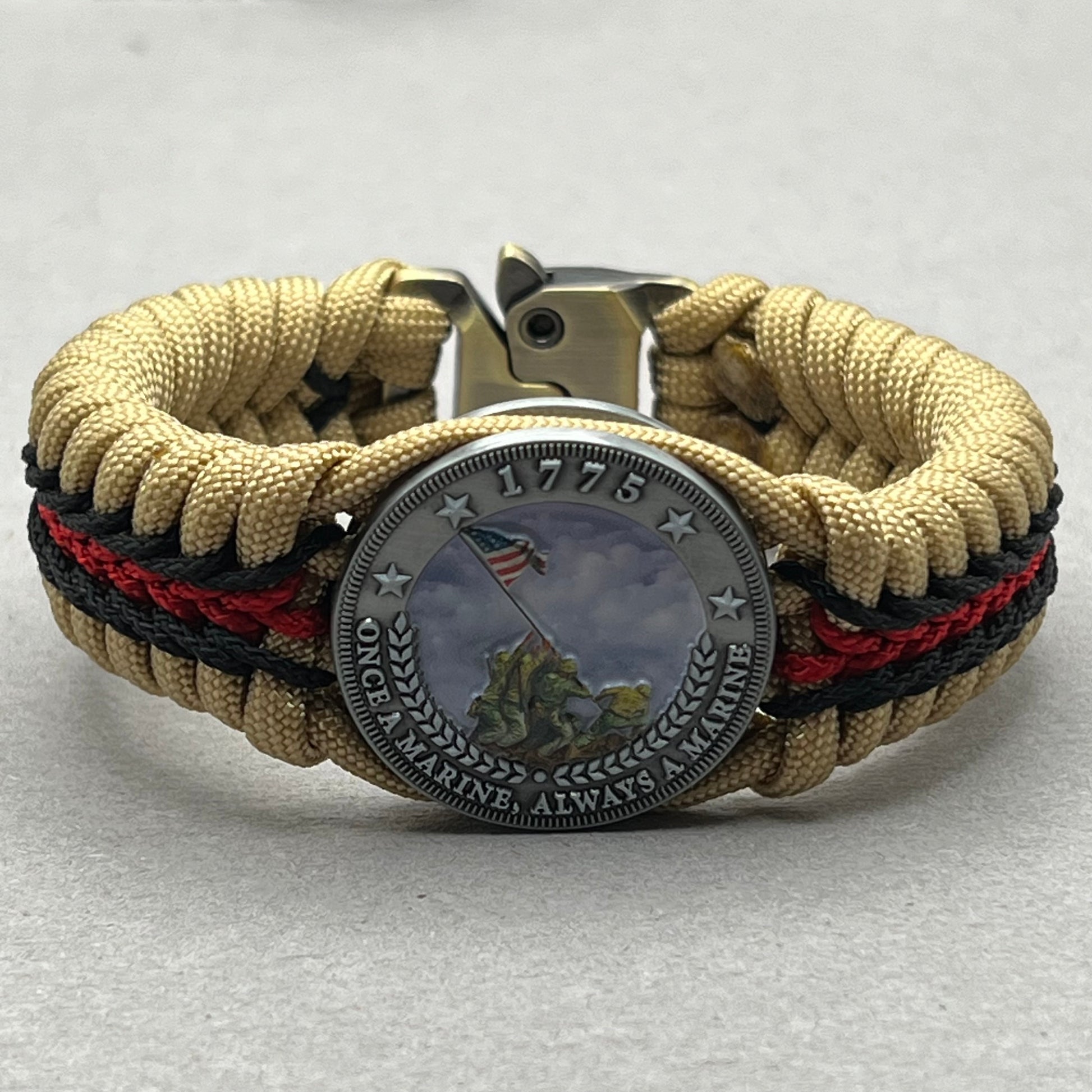 United States Marine Corps Iwo Jima handcrafted paracord bracelet. 3D UV printed injection molded beaded medallion.