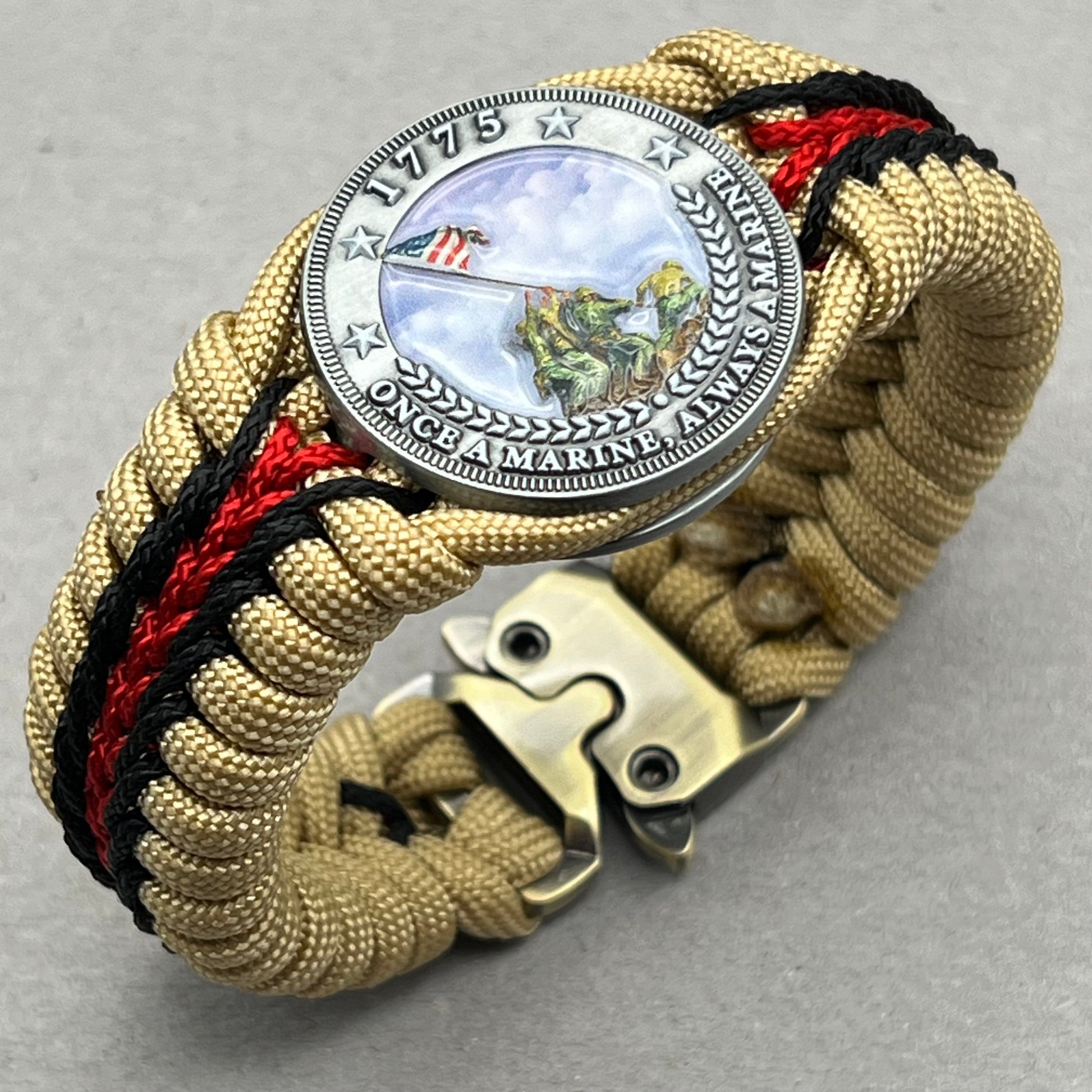 United States Marine Corps Iwo Jima handcrafted paracord bracelet. 3D UV printed injection molded beaded medallion.