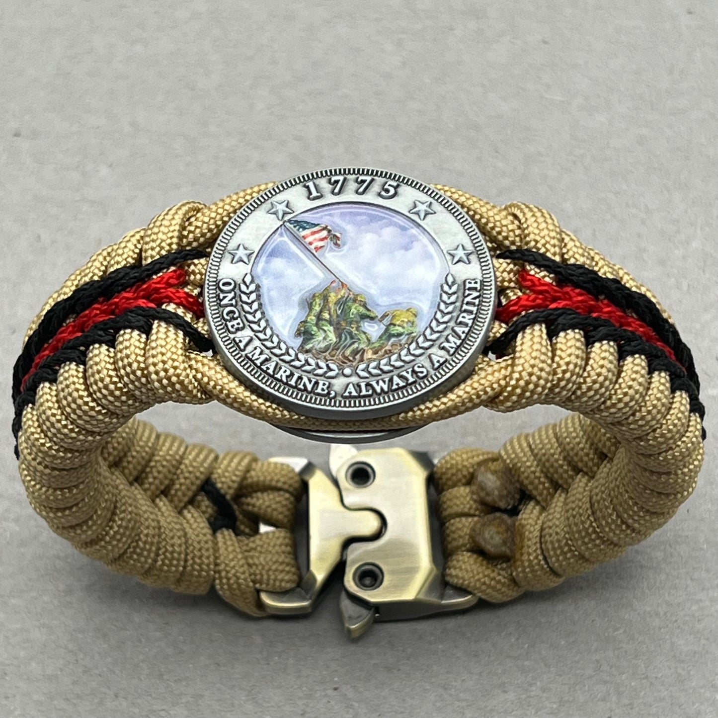 United States Marine Corps Iwo Jima handcrafted paracord bracelet. 3D UV printed injection molded beaded medallion.