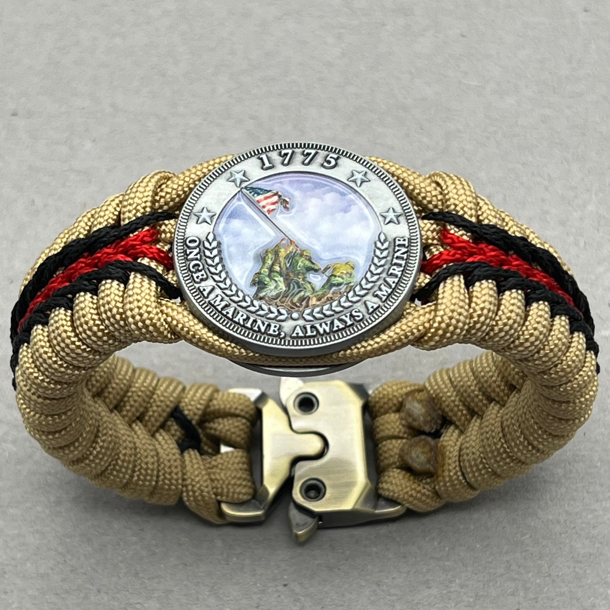 United States Marine Corps Iwo Jima handcrafted paracord bracelet. 3D UV printed injection molded beaded medallion.