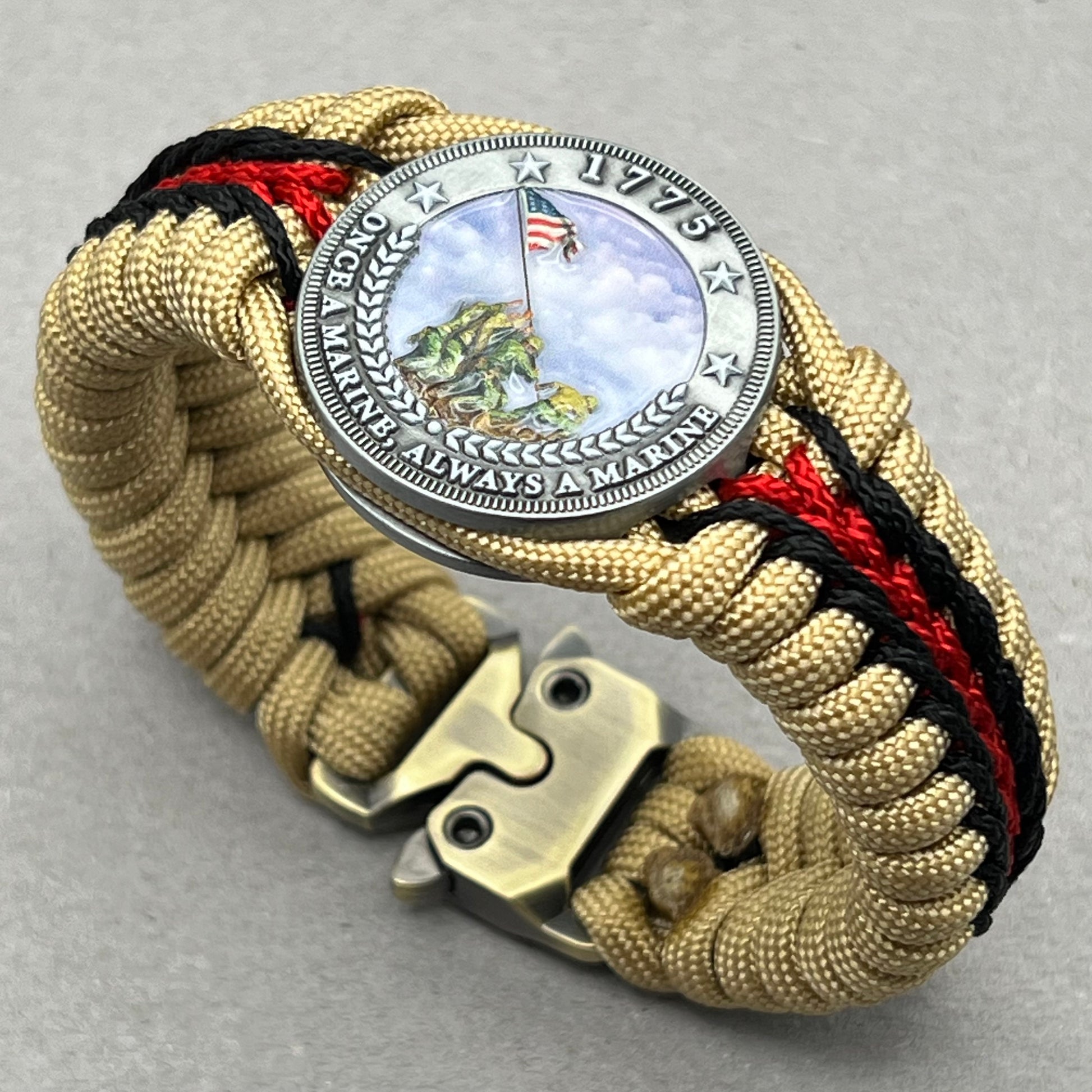 United States Marine Corps Iwo Jima handcrafted paracord bracelet. 3D UV printed injection molded beaded medallion.