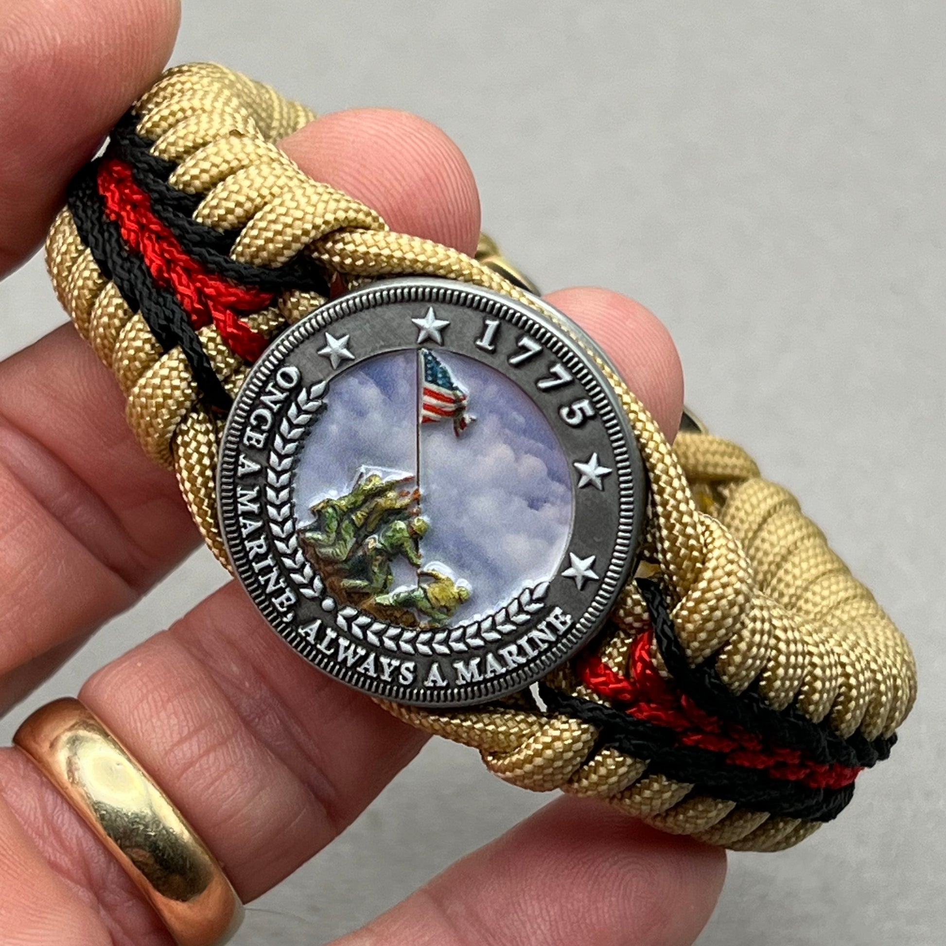 United States Marine Corps Iwo Jima handcrafted paracord bracelet. 3D UV printed injection molded beaded medallion.