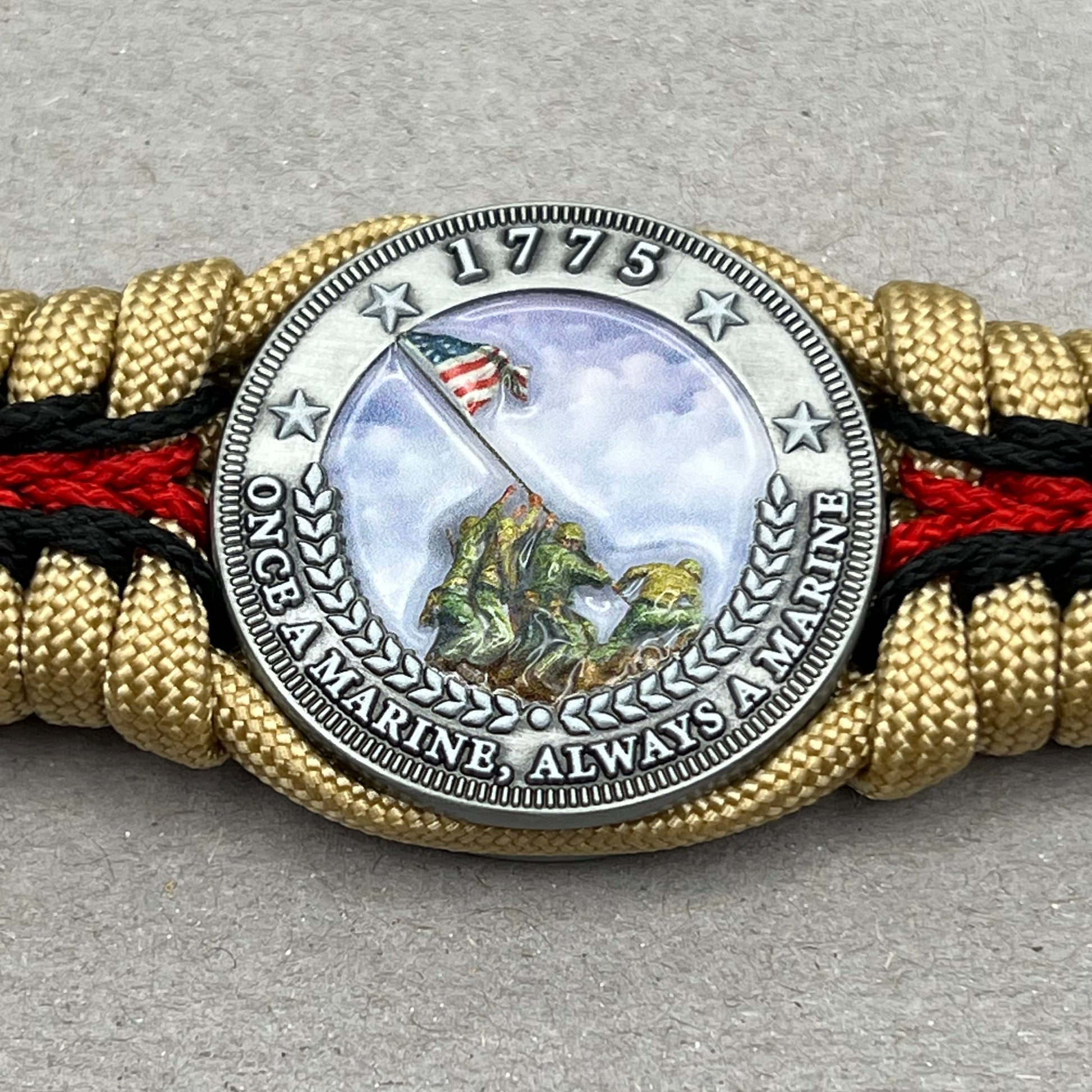 United States Marine Corps Iwo Jima handcrafted paracord bracelet. 3D UV printed injection molded beaded medallion.