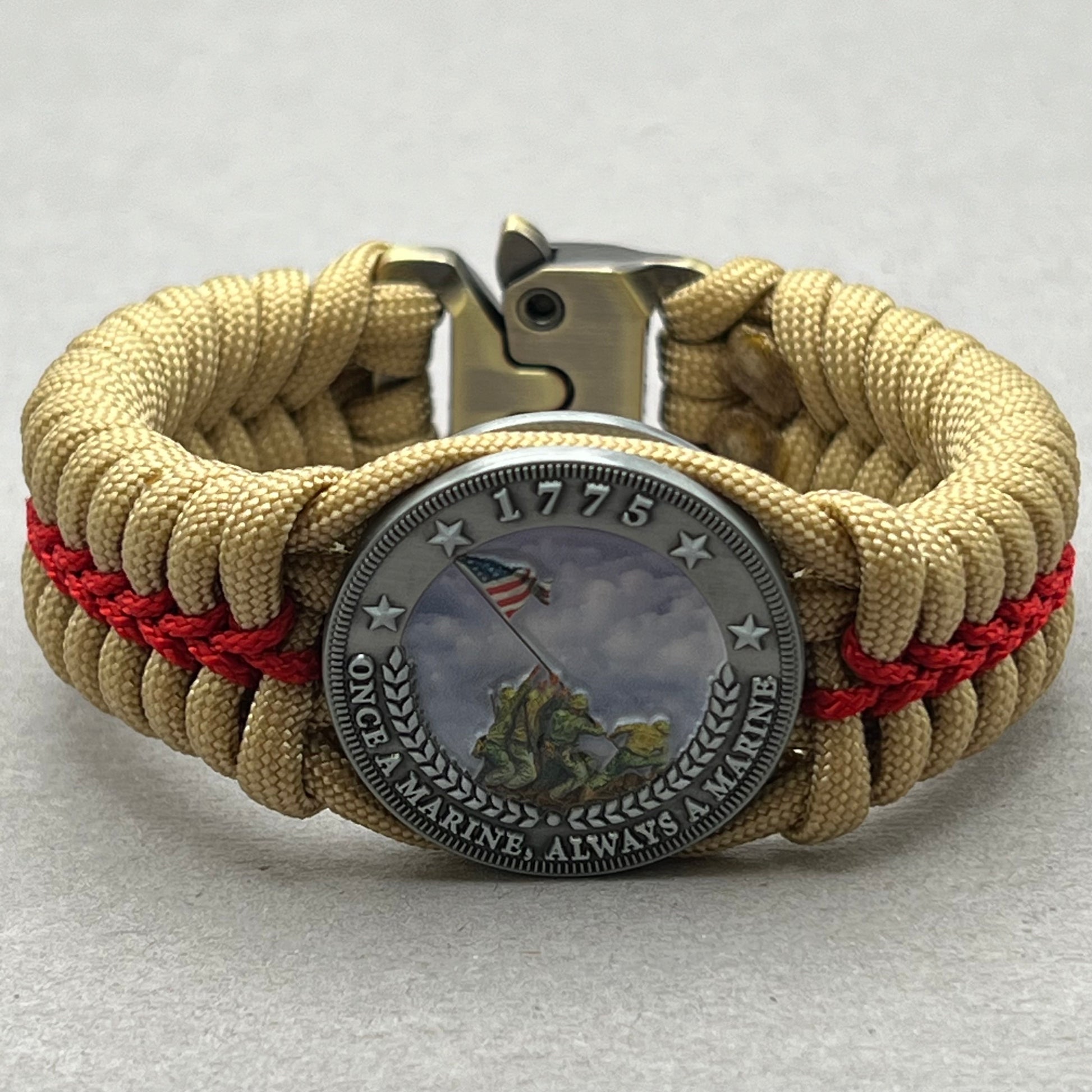 United States Marine Corps Iwo Jima handcrafted paracord bracelet. 3D UV printed injection molded beaded medallion.