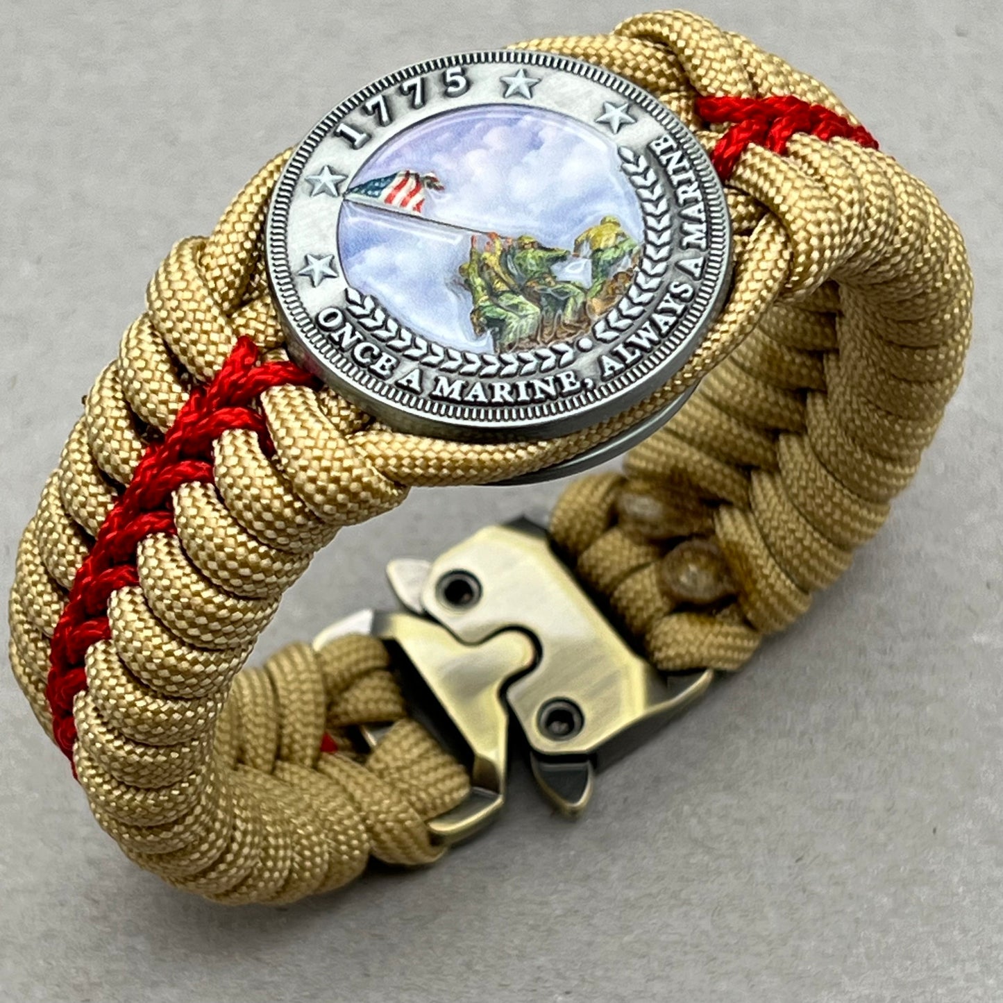 United States Marine Corps Iwo Jima handcrafted paracord bracelet. 3D UV printed injection molded beaded medallion.