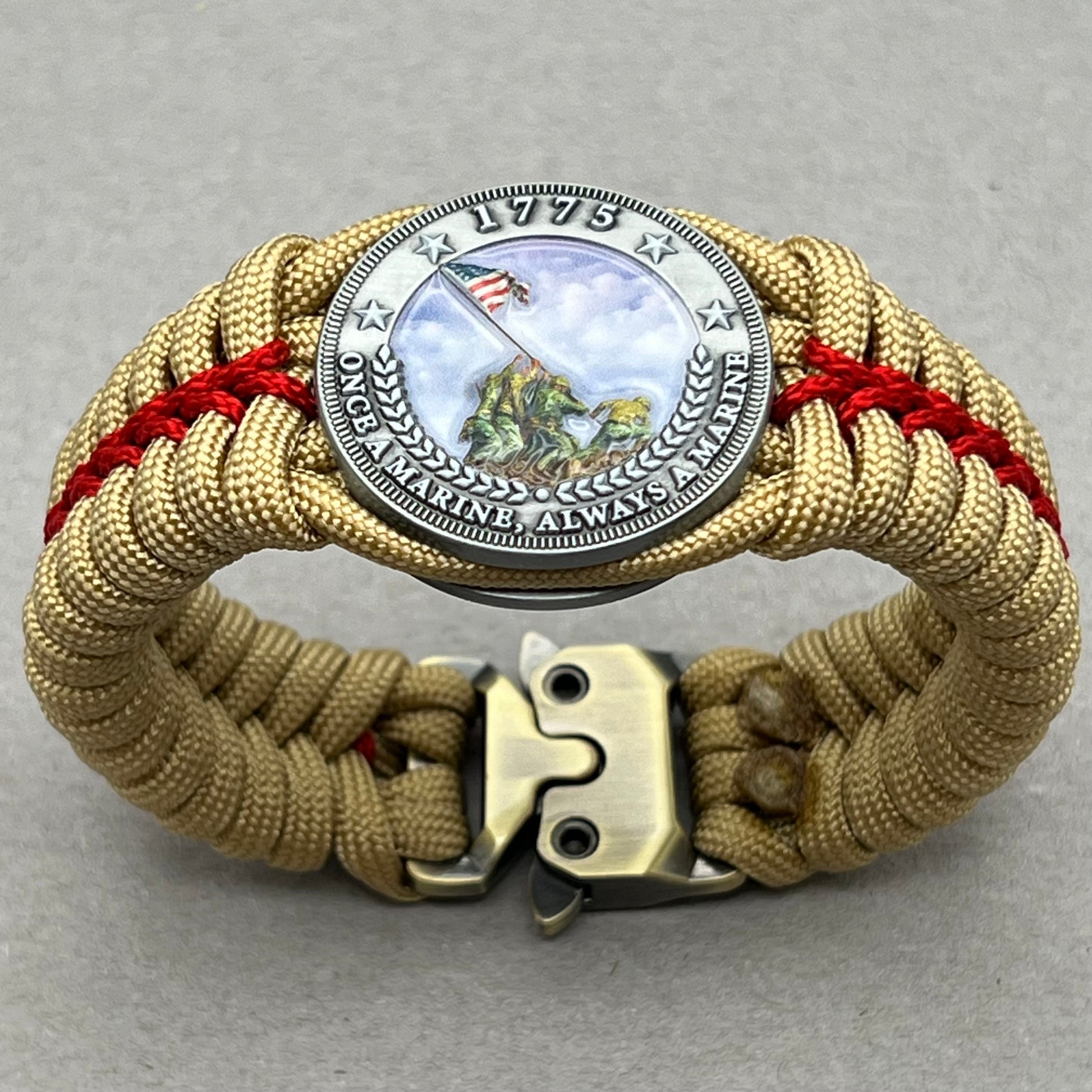 United States Marine Corps Iwo Jima handcrafted paracord bracelet. 3D UV printed injection molded beaded medallion.