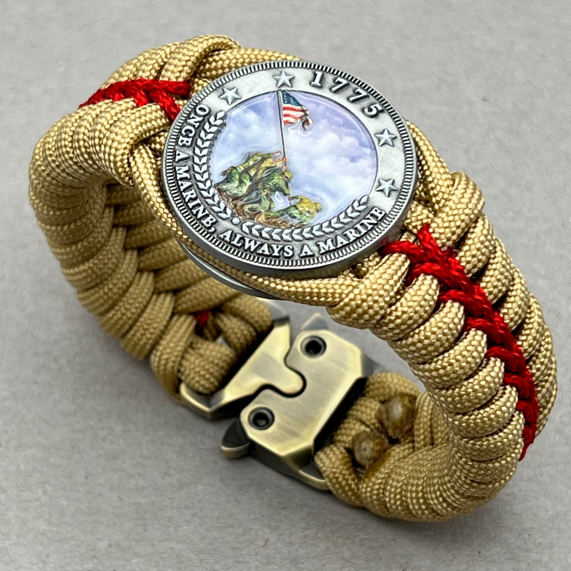 United States Marine Corps Iwo Jima handcrafted paracord bracelet. 3D UV printed injection molded beaded medallion.