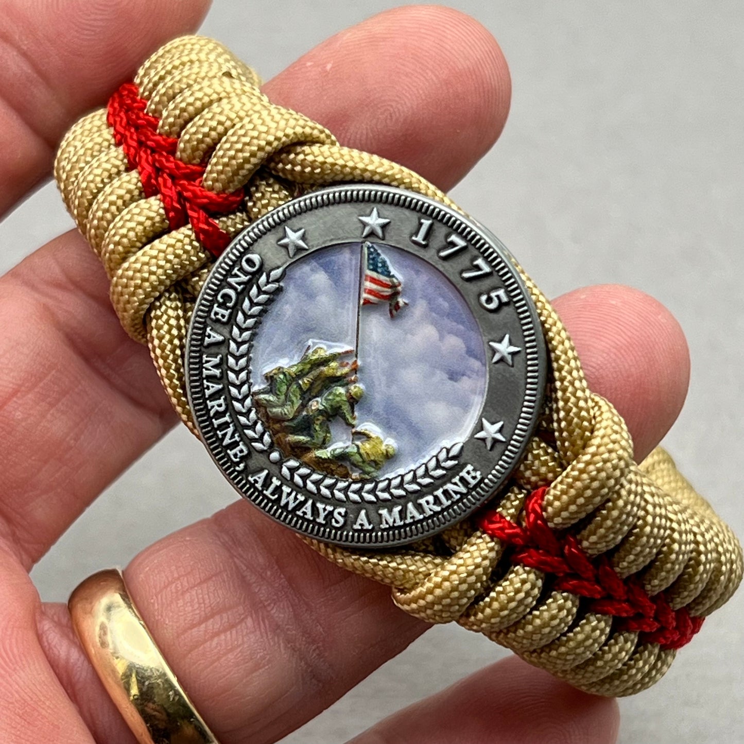 United States Marine Corps Iwo Jima handcrafted paracord bracelet. 3D UV printed injection molded beaded medallion.