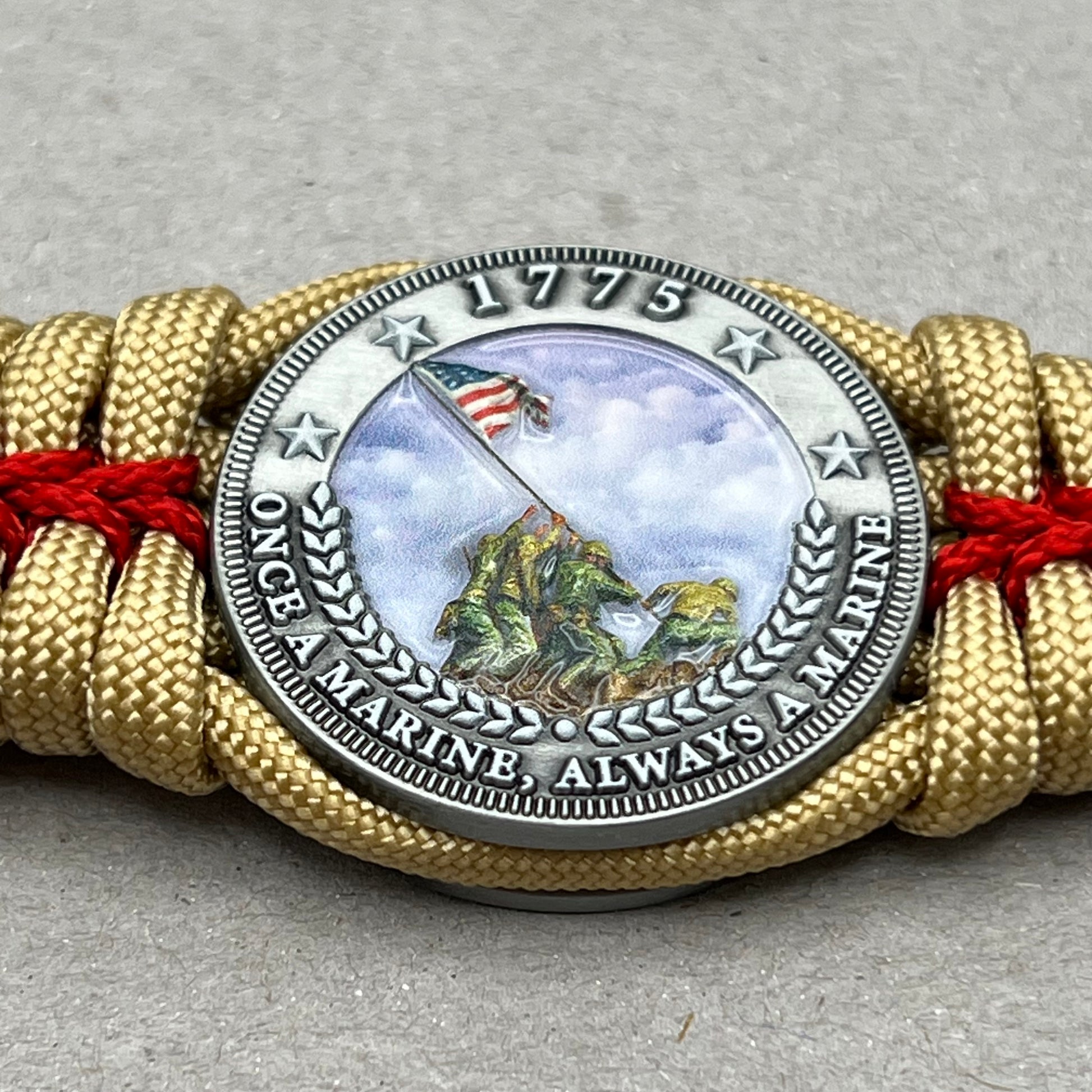 United States Marine Corps Iwo Jima handcrafted paracord bracelet. 3D UV printed injection molded beaded medallion.