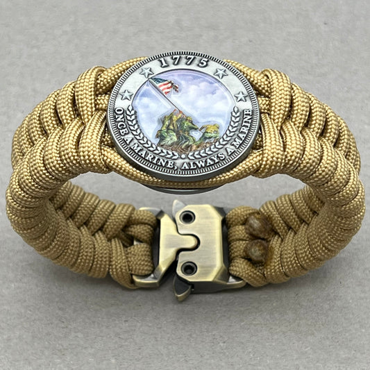 United States Marine Corps Iwo Jima handcrafted paracord bracelet. 3D UV printed injection molded beaded medallion.