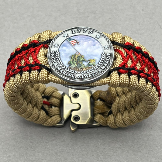 United States Marine Corps Iwo Jima handcrafted paracord bracelet. 3D UV printed injection molded beaded medallion.