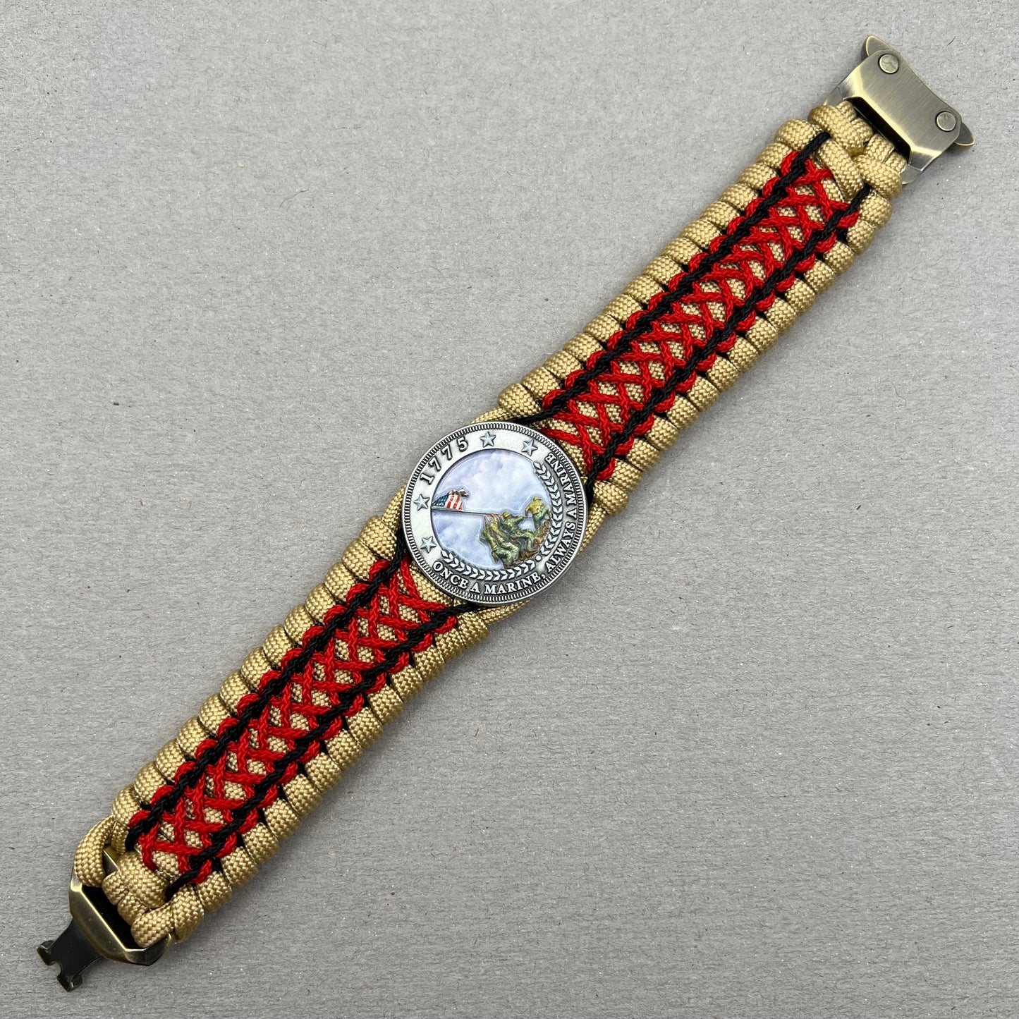 United States Marine Corps Iwo Jima handcrafted paracord bracelet. 3D UV printed injection molded beaded medallion.