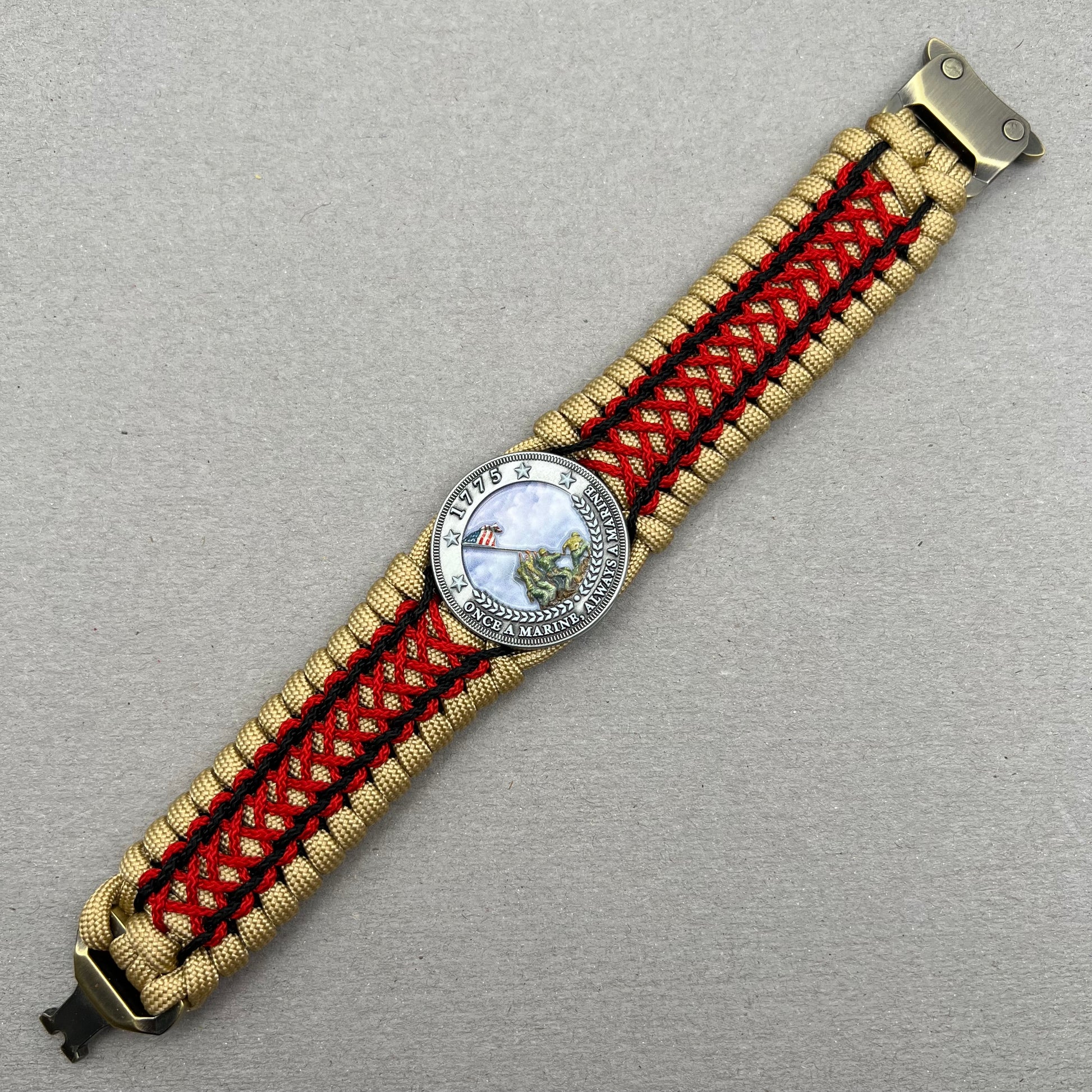 United States Marine Corps Iwo Jima handcrafted paracord bracelet. 3D UV printed injection molded beaded medallion.