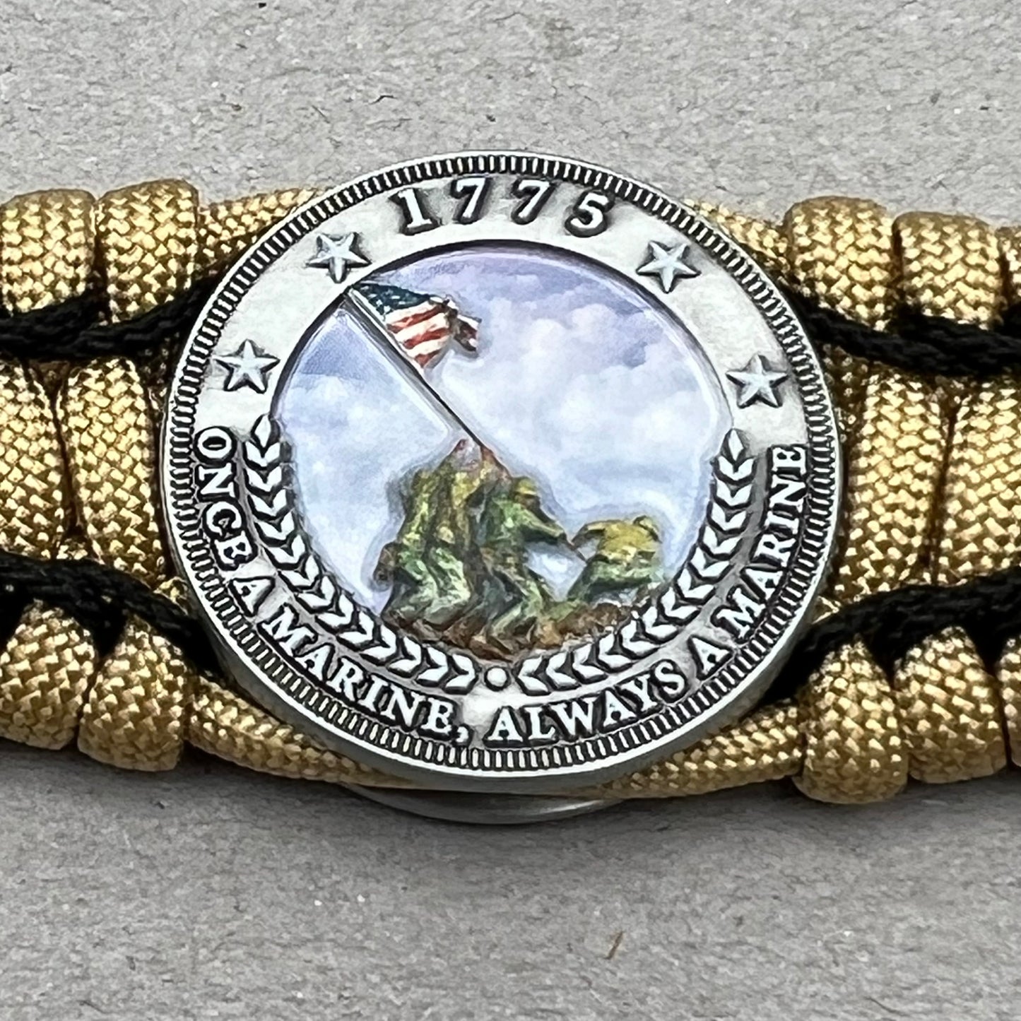 United States Marine Corps Iwo Jima handcrafted paracord bracelet. 3D UV printed injection molded beaded medallion.