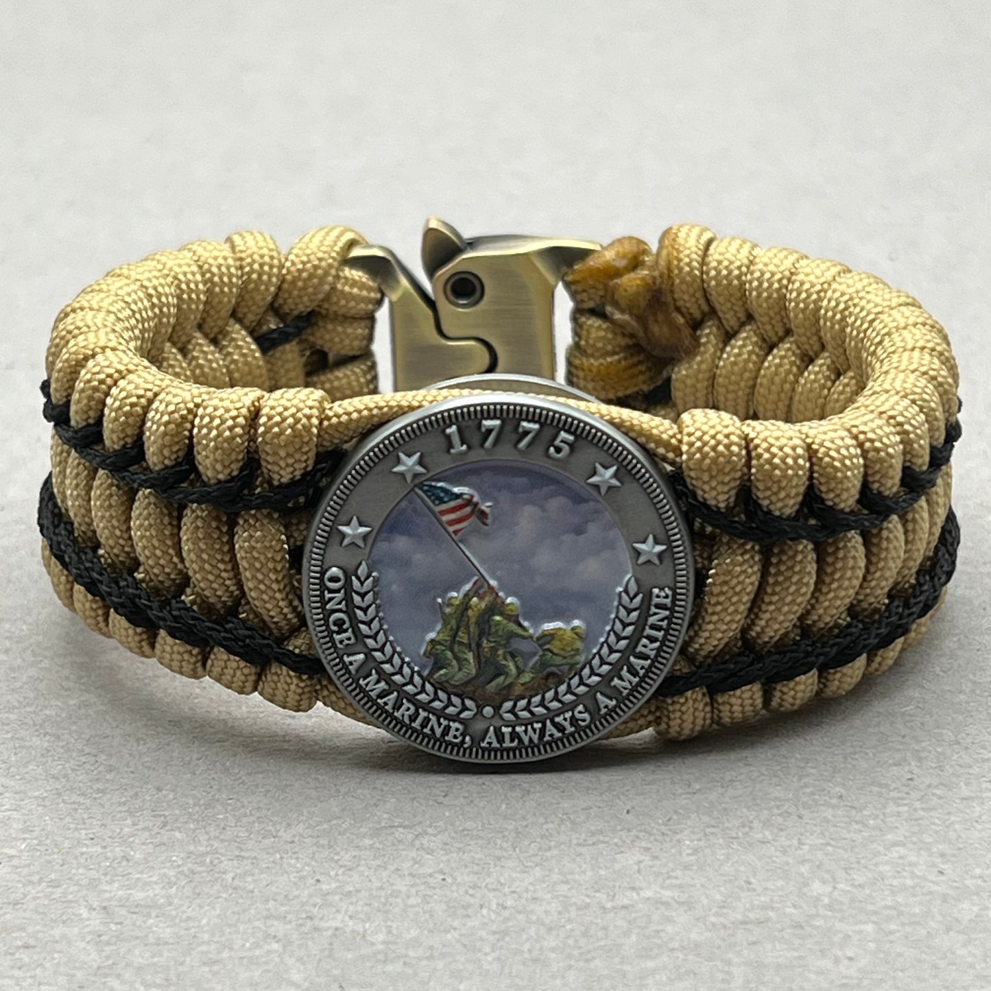 United States Marine Corps Iwo Jima handcrafted paracord bracelet. 3D UV printed injection molded beaded medallion.