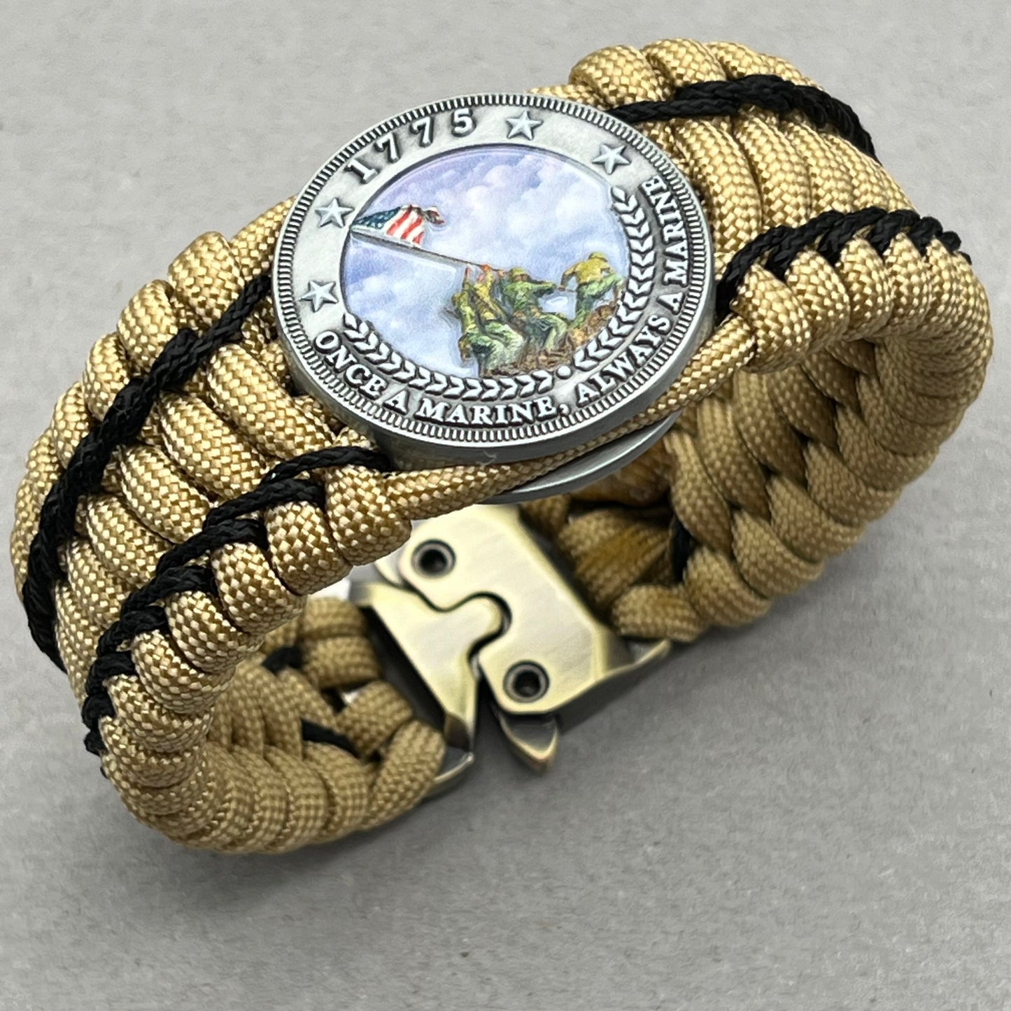 United States Marine Corps Iwo Jima handcrafted paracord bracelet. 3D UV printed injection molded beaded medallion.