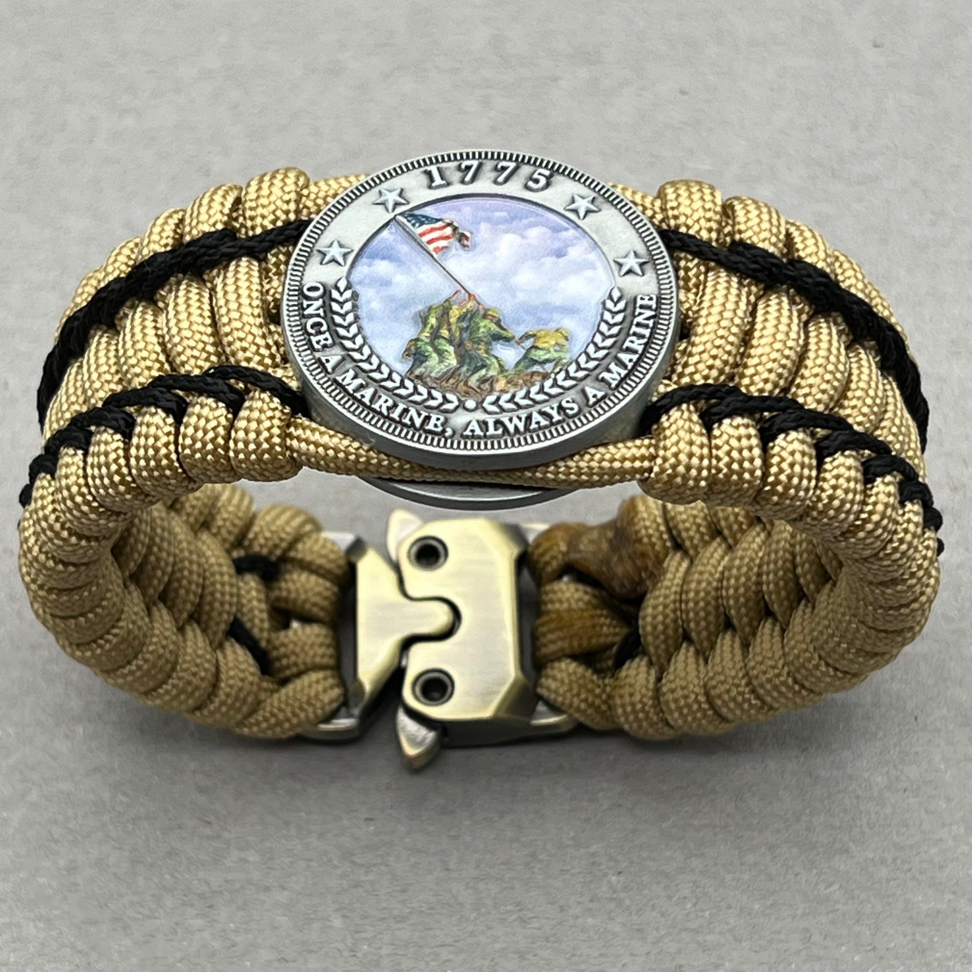 United States Marine Corps Iwo Jima handcrafted paracord bracelet. 3D UV printed injection molded beaded medallion.