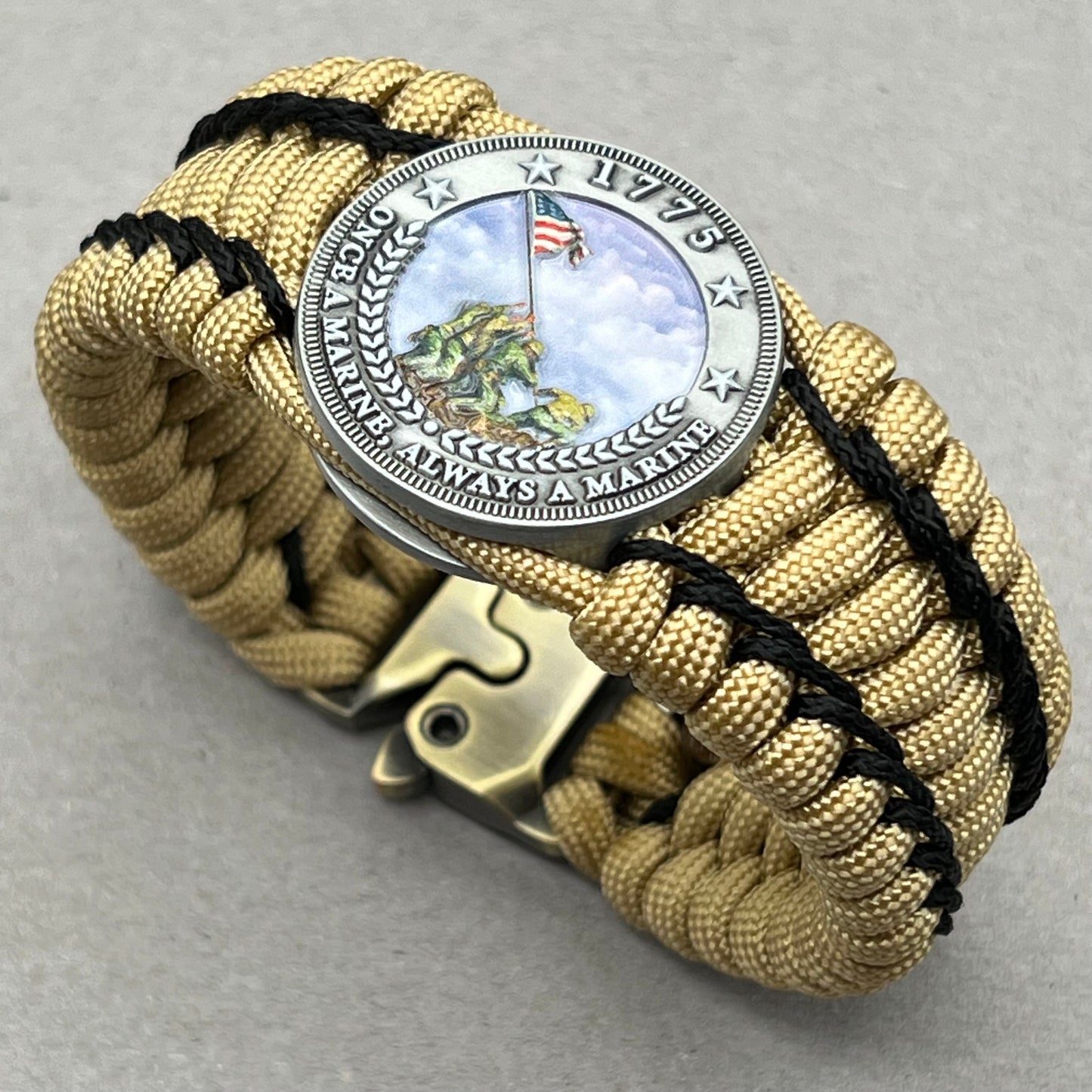 United States Marine Corps Iwo Jima handcrafted paracord bracelet. 3D UV printed injection molded beaded medallion.