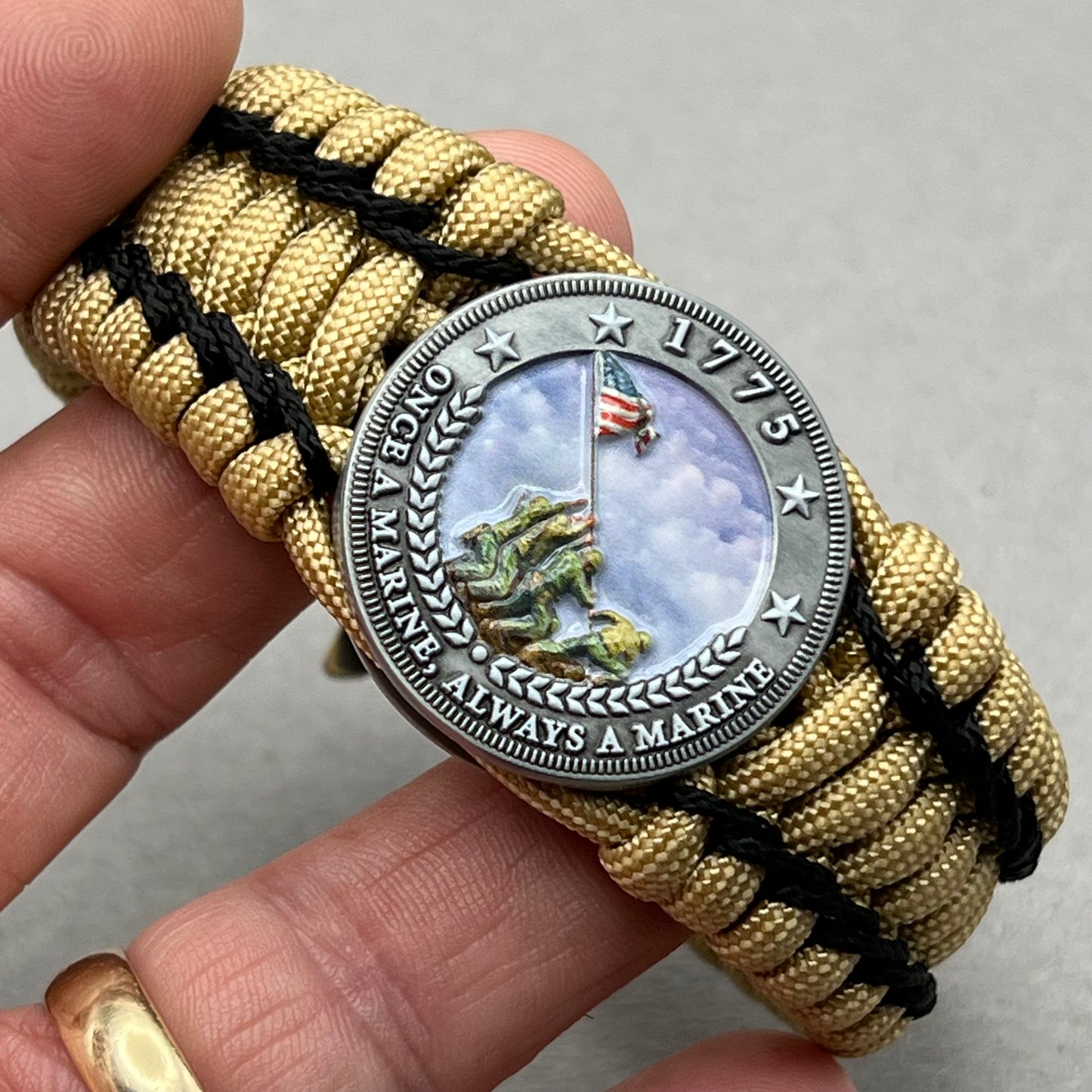 United States Marine Corps Iwo Jima handcrafted paracord bracelet. 3D UV printed injection molded beaded medallion.