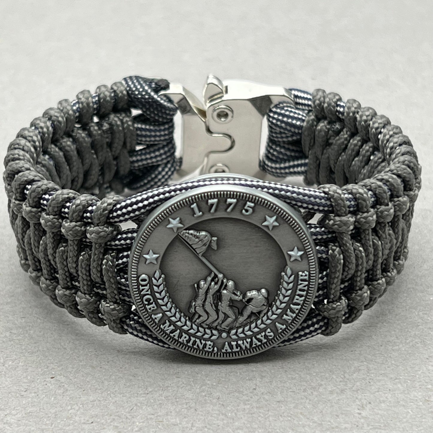 United States Marine Corps Iwo Jima handcrafted paracord bracelet. 3D UV printed injection molded beaded medallion.