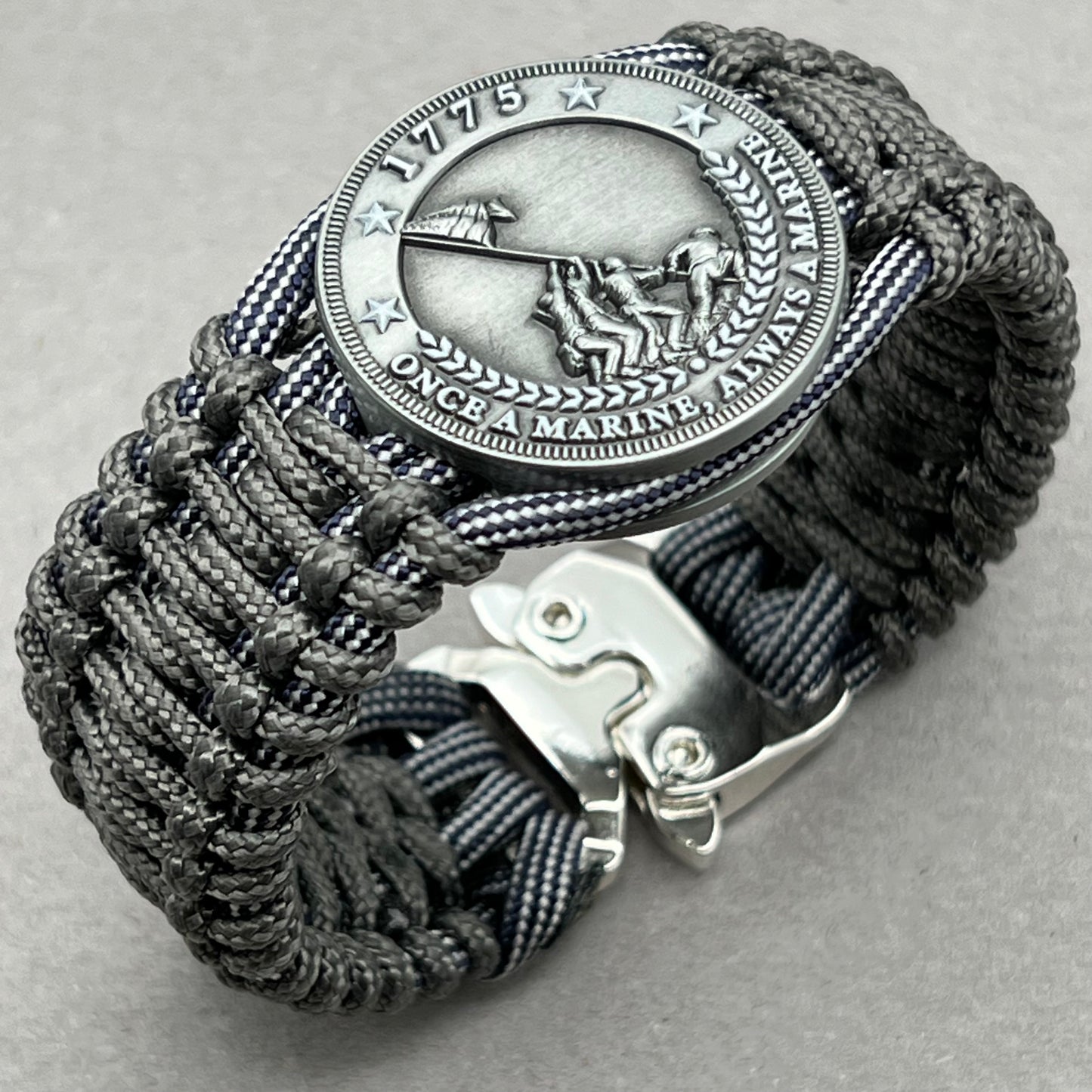 United States Marine Corps Iwo Jima handcrafted paracord bracelet. 3D UV printed injection molded beaded medallion.