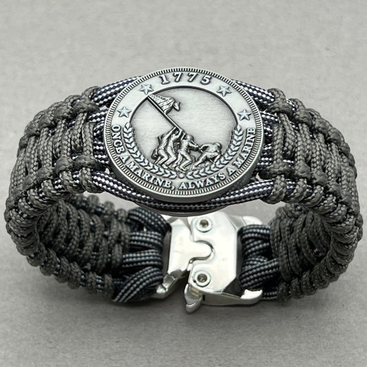 United States Marine Corps Iwo Jima handcrafted paracord bracelet. 3D UV printed injection molded beaded medallion.