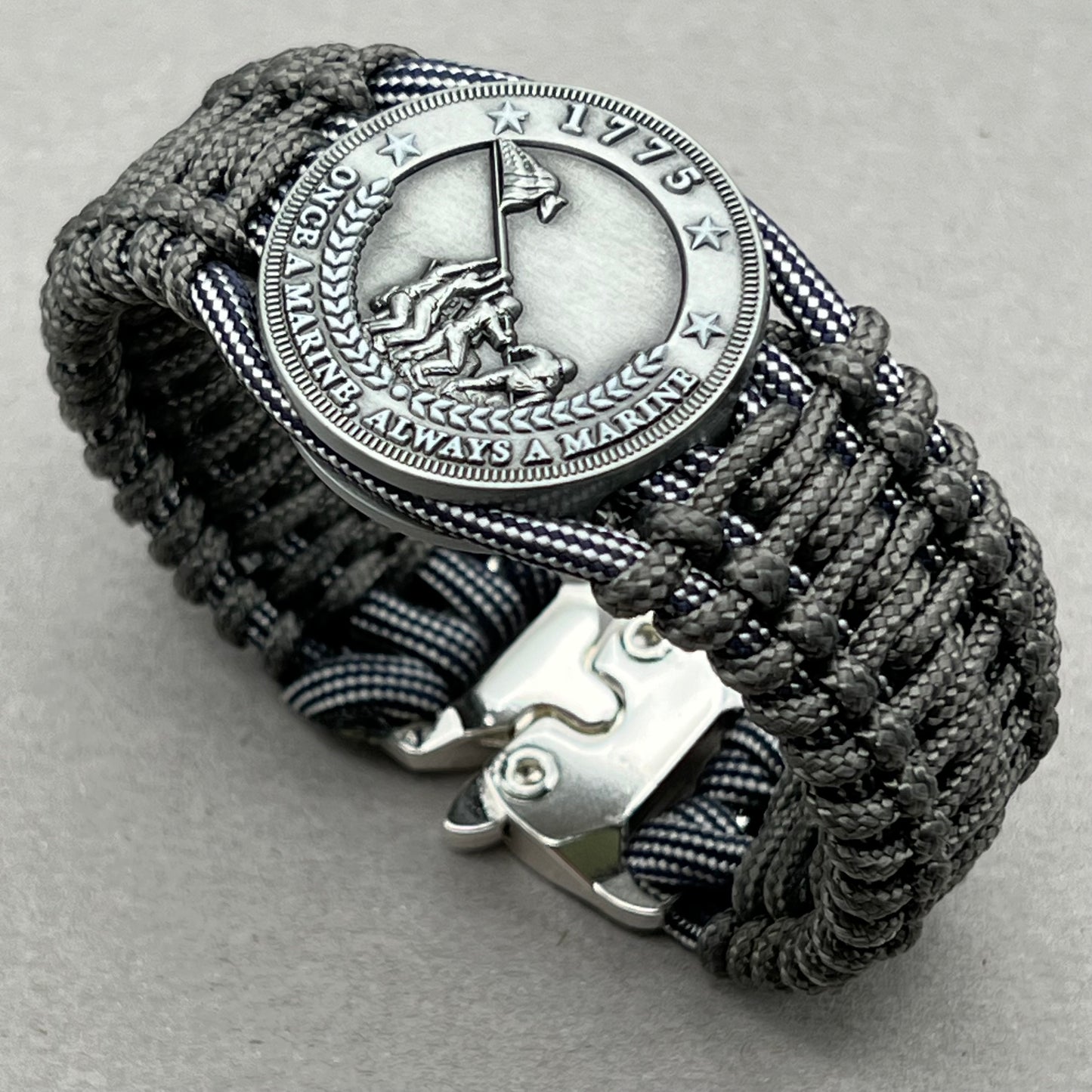 United States Marine Corps Iwo Jima handcrafted paracord bracelet. 3D UV printed injection molded beaded medallion.