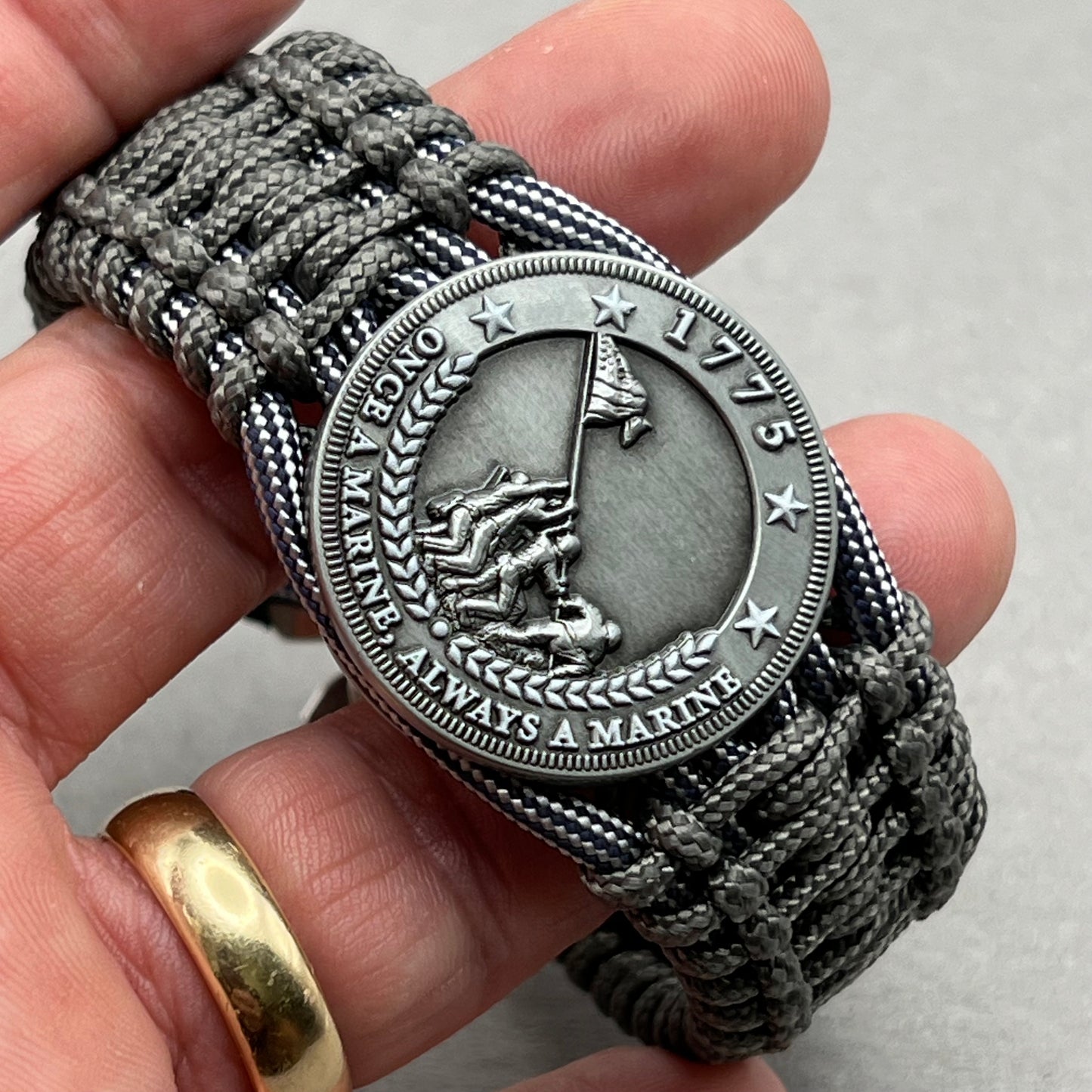 United States Marine Corps Iwo Jima handcrafted paracord bracelet. 3D UV printed injection molded beaded medallion.