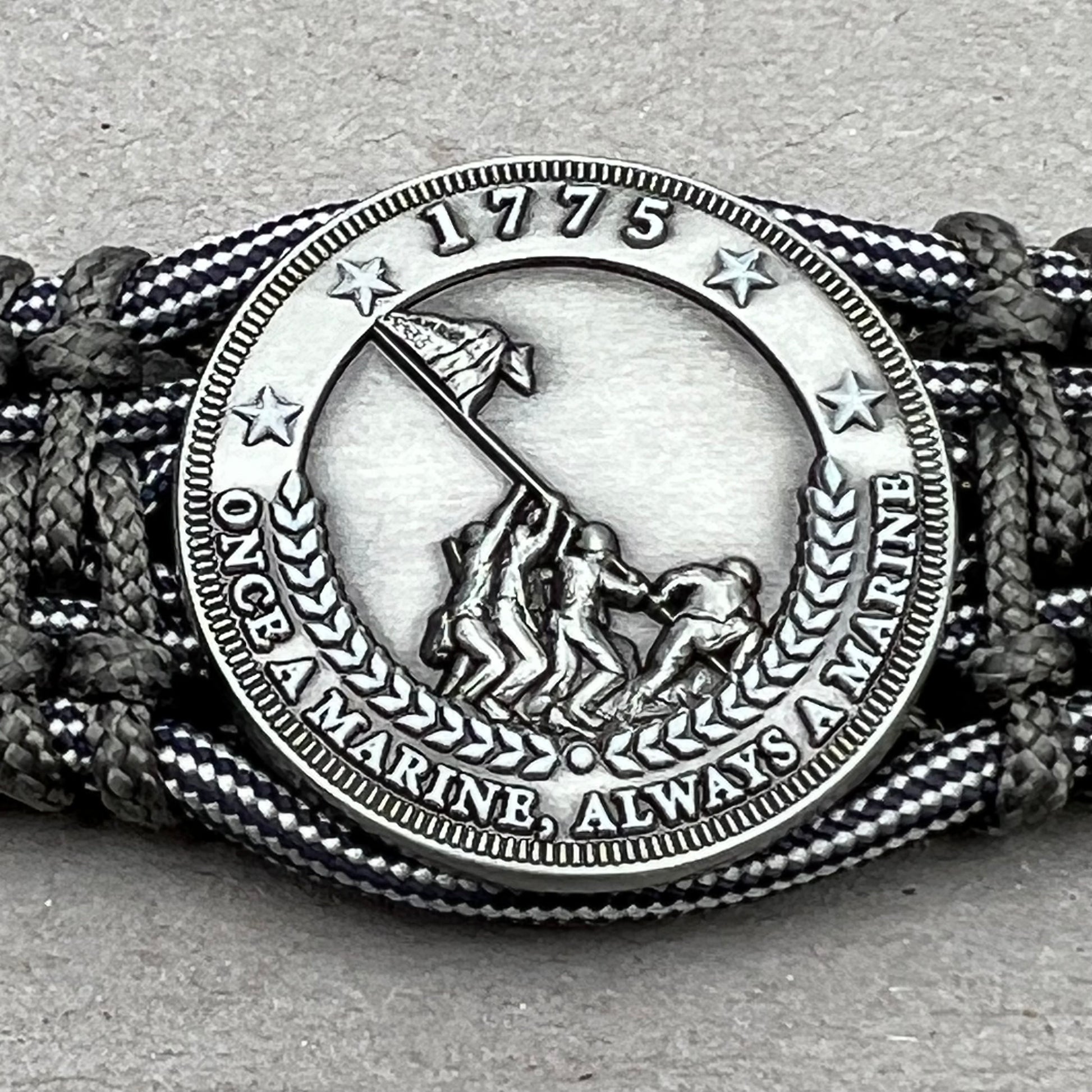 United States Marine Corps Iwo Jima handcrafted paracord bracelet. 3D UV printed injection molded beaded medallion.