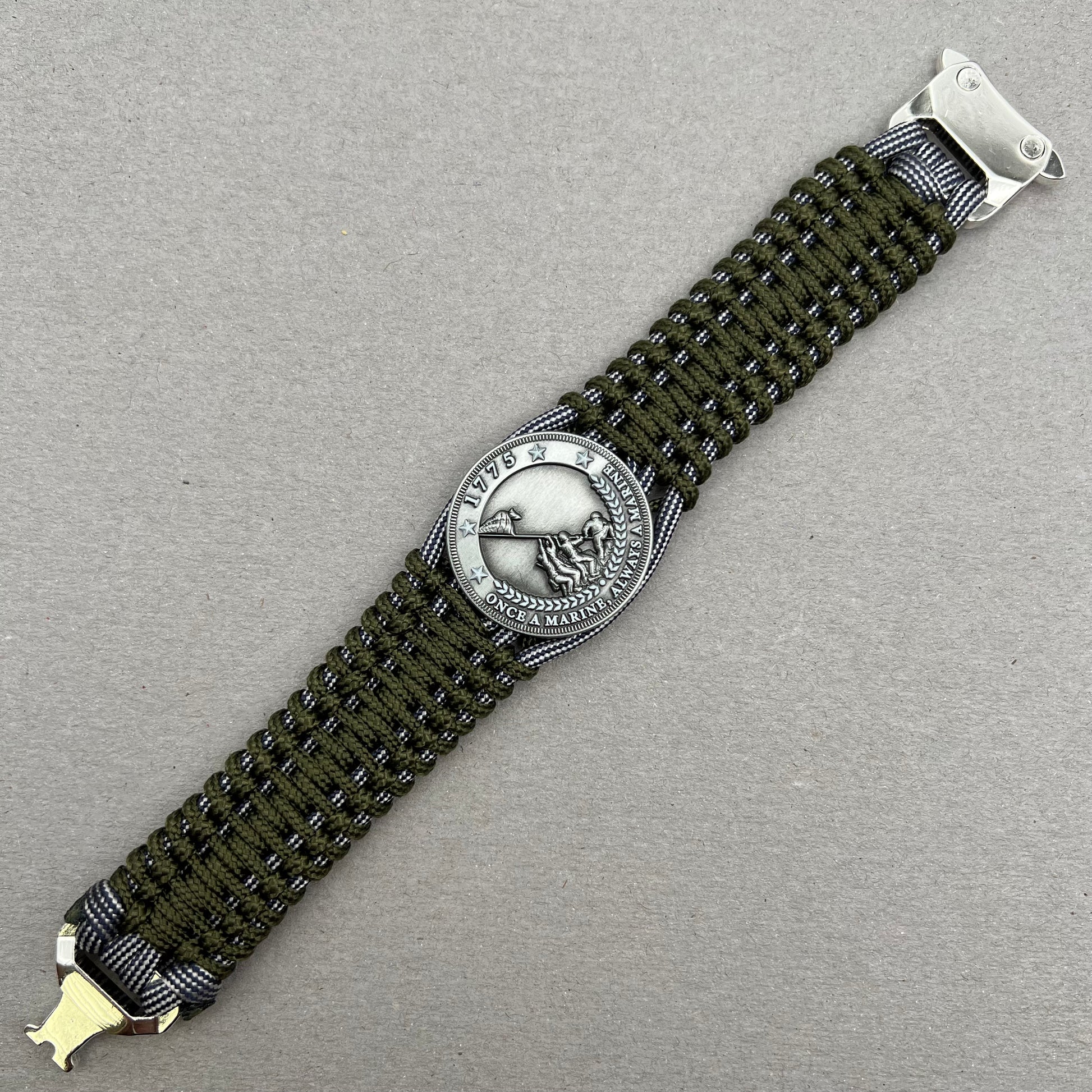 United States Marine Corps Iwo Jima handcrafted paracord bracelet. 3D UV printed injection molded beaded medallion.