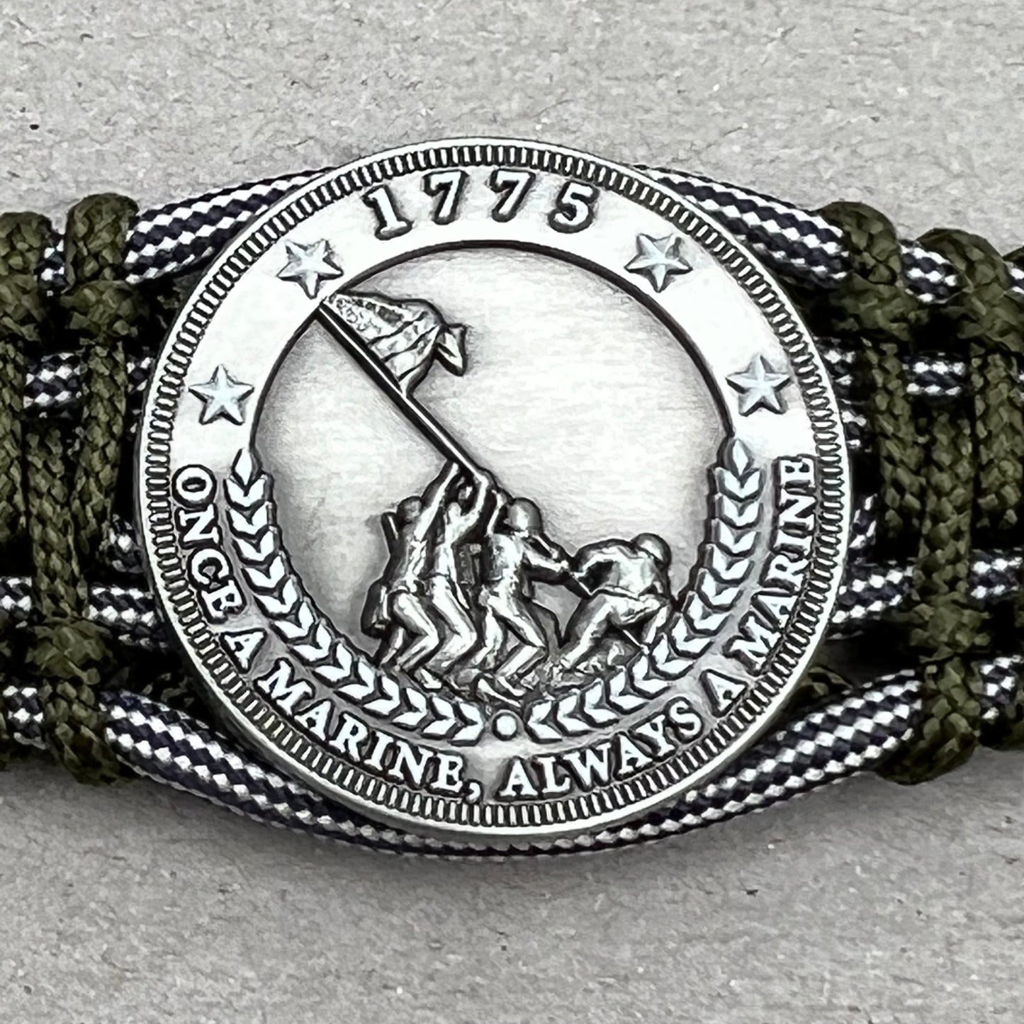 United States Marine Corps Iwo Jima handcrafted paracord bracelet. 3D UV printed injection molded beaded medallion.