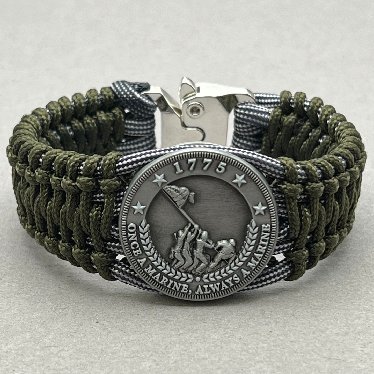 United States Marine Corps Iwo Jima handcrafted paracord bracelet. 3D UV printed injection molded beaded medallion.