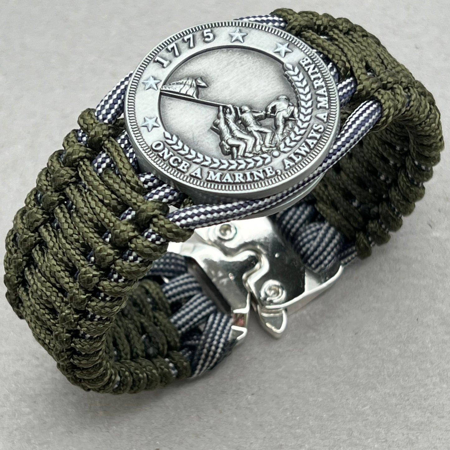 United States Marine Corps Iwo Jima handcrafted paracord bracelet. 3D UV printed injection molded beaded medallion.