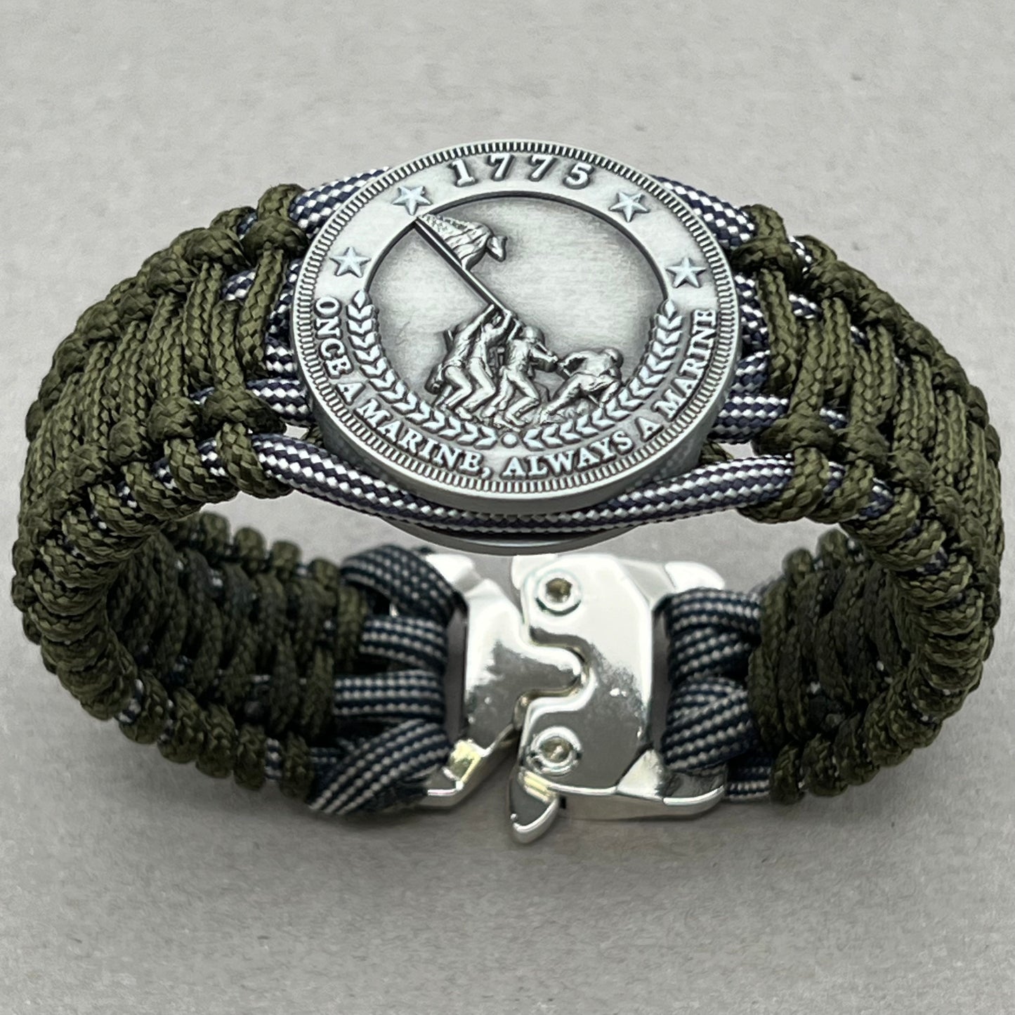 United States Marine Corps Iwo Jima handcrafted paracord bracelet. 3D UV printed injection molded beaded medallion.