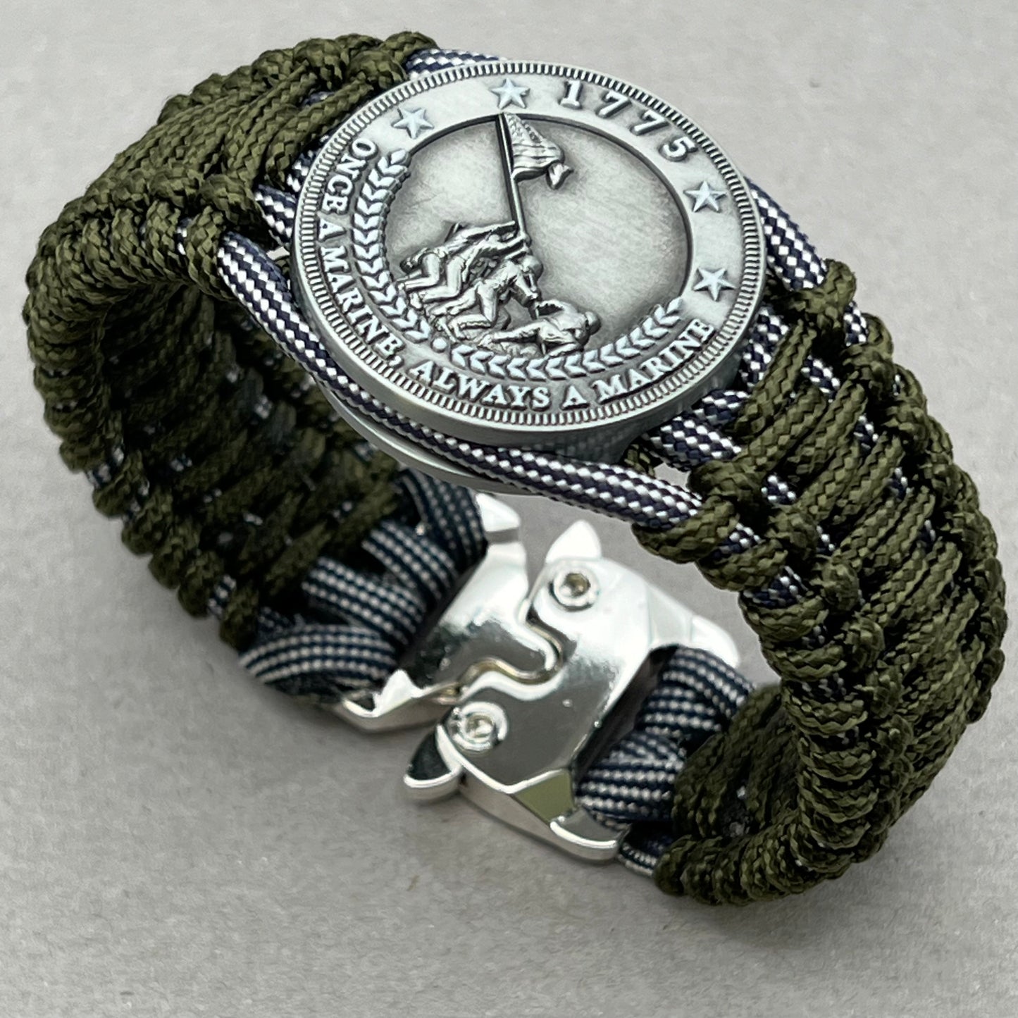 United States Marine Corps Iwo Jima handcrafted paracord bracelet. 3D UV printed injection molded beaded medallion.