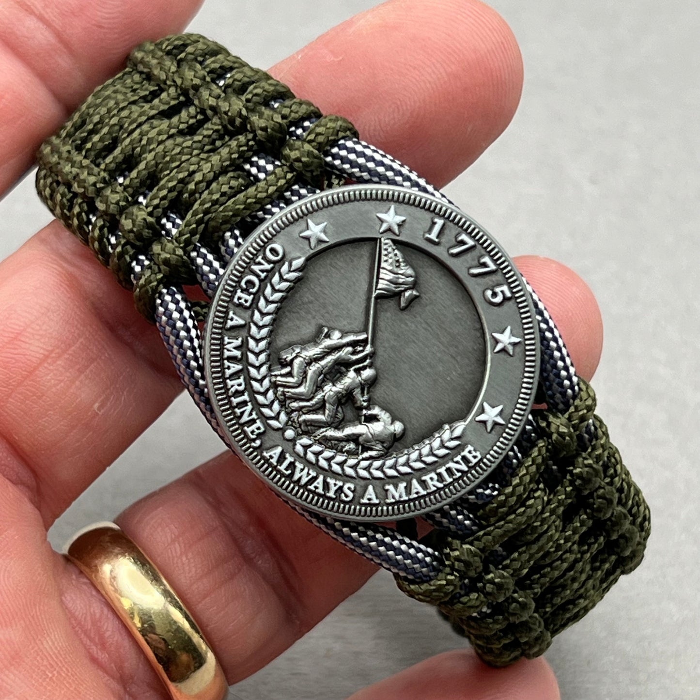 United States Marine Corps Iwo Jima handcrafted paracord bracelet. 3D UV printed injection molded beaded medallion.