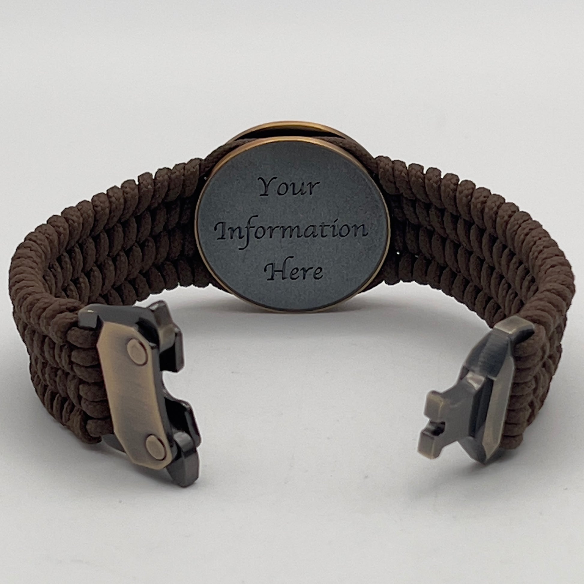 Thin, medium wide, flexible and comfortable braided United States Marine Corps bracelet featuring a 24K antique gold plated USMC Eagle Globe and Anchor medallion, a gold Cobra style tactical buckle and woven with Coyote Brown Type-1 paracord.