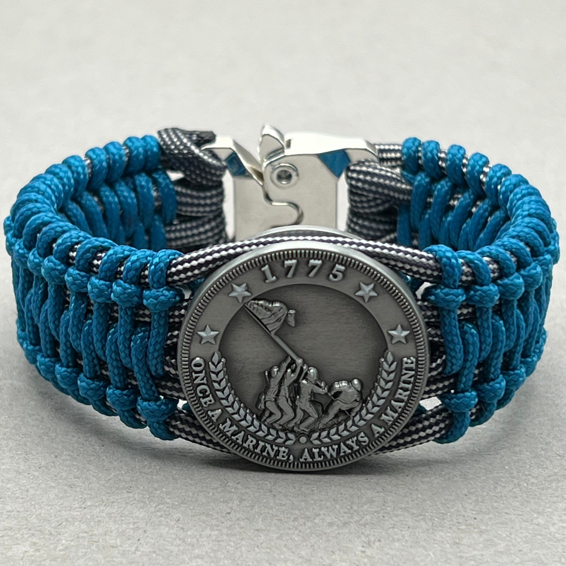 United States Marine Corps Iwo Jima handcrafted paracord bracelet. 3D UV printed injection molded beaded medallion.