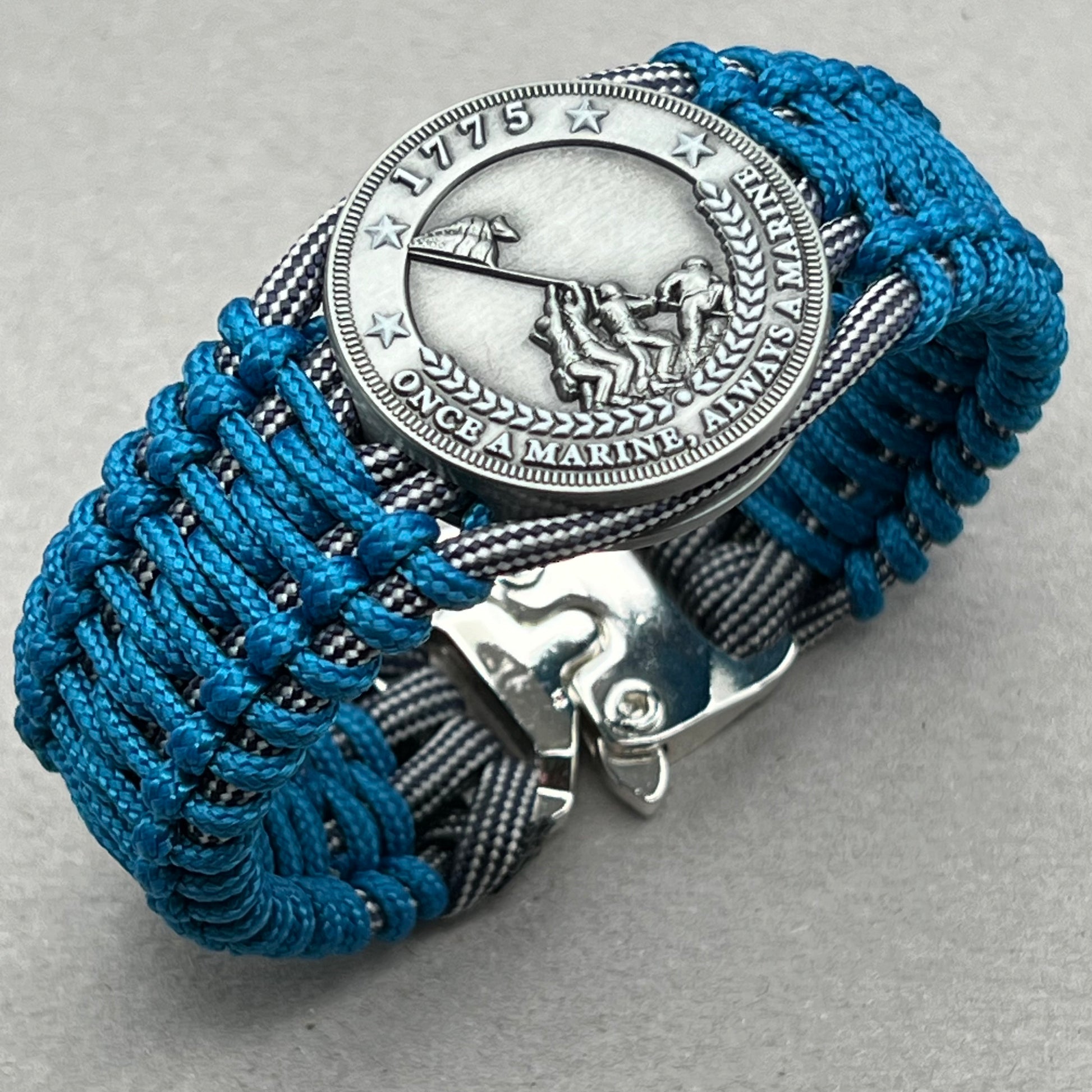 United States Marine Corps Iwo Jima handcrafted paracord bracelet. 3D UV printed injection molded beaded medallion.