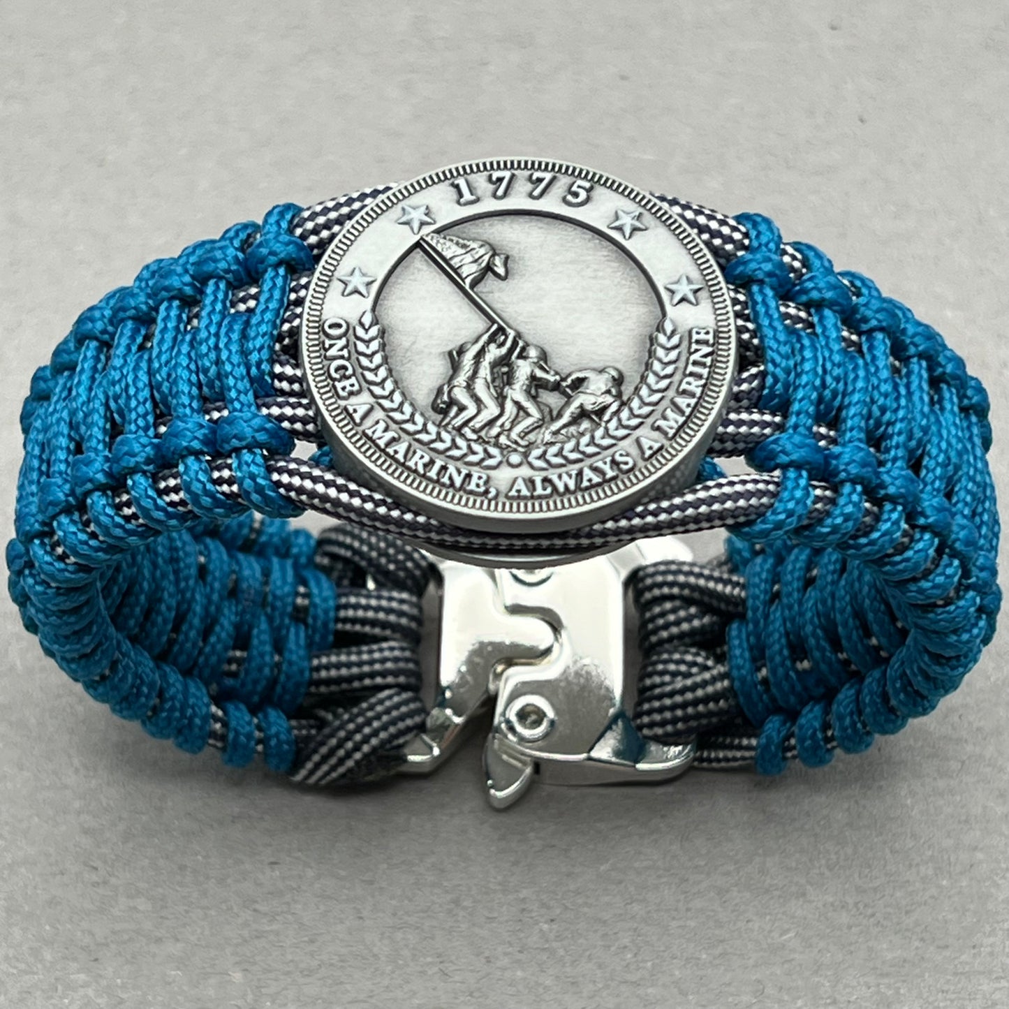 United States Marine Corps Iwo Jima handcrafted paracord bracelet. 3D UV printed injection molded beaded medallion.