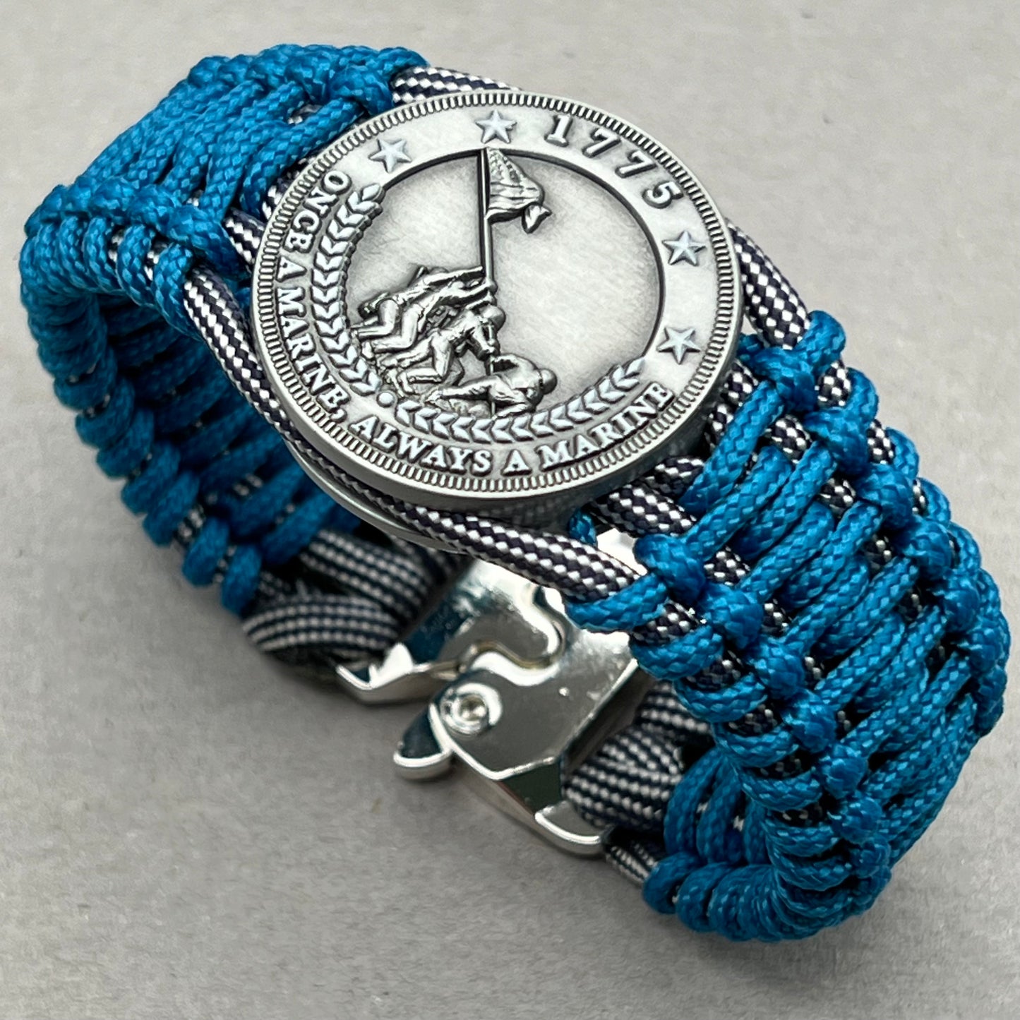 United States Marine Corps Iwo Jima handcrafted paracord bracelet. 3D UV printed injection molded beaded medallion.