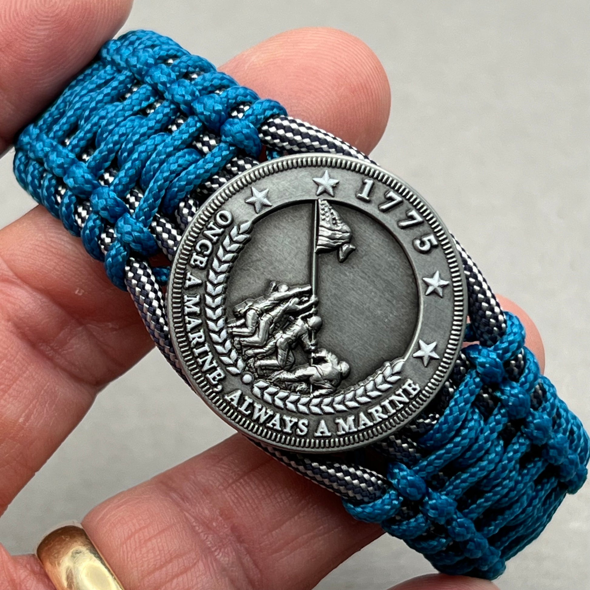 United States Marine Corps Iwo Jima handcrafted paracord bracelet. 3D UV printed injection molded beaded medallion.