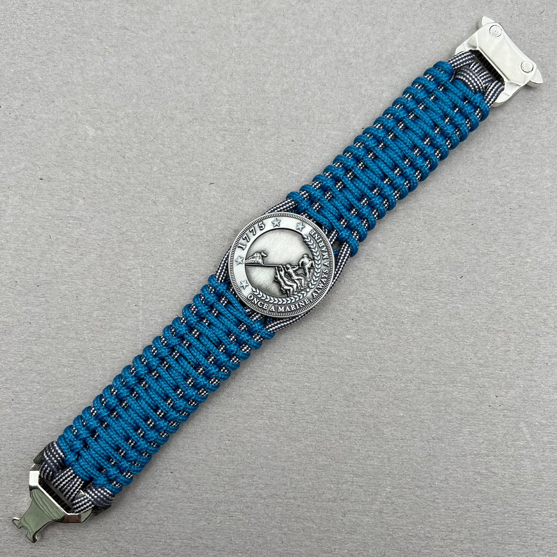 United States Marine Corps Iwo Jima handcrafted paracord bracelet. 3D UV printed injection molded beaded medallion.