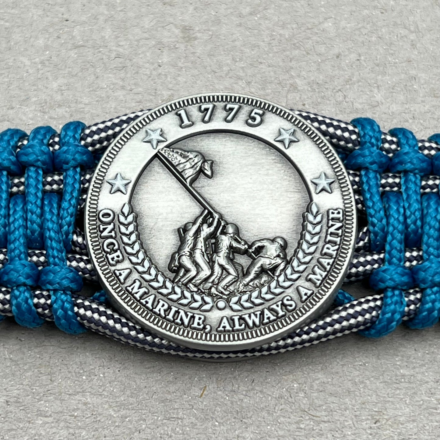 United States Marine Corps Iwo Jima handcrafted paracord bracelet. 3D UV printed injection molded beaded medallion.