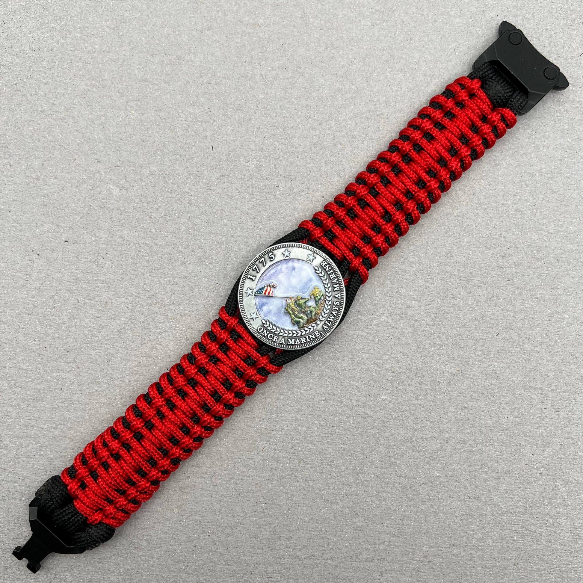 United States Marine Corps Iwo Jima handcrafted paracord bracelet. 3D UV printed injection molded beaded medallion.