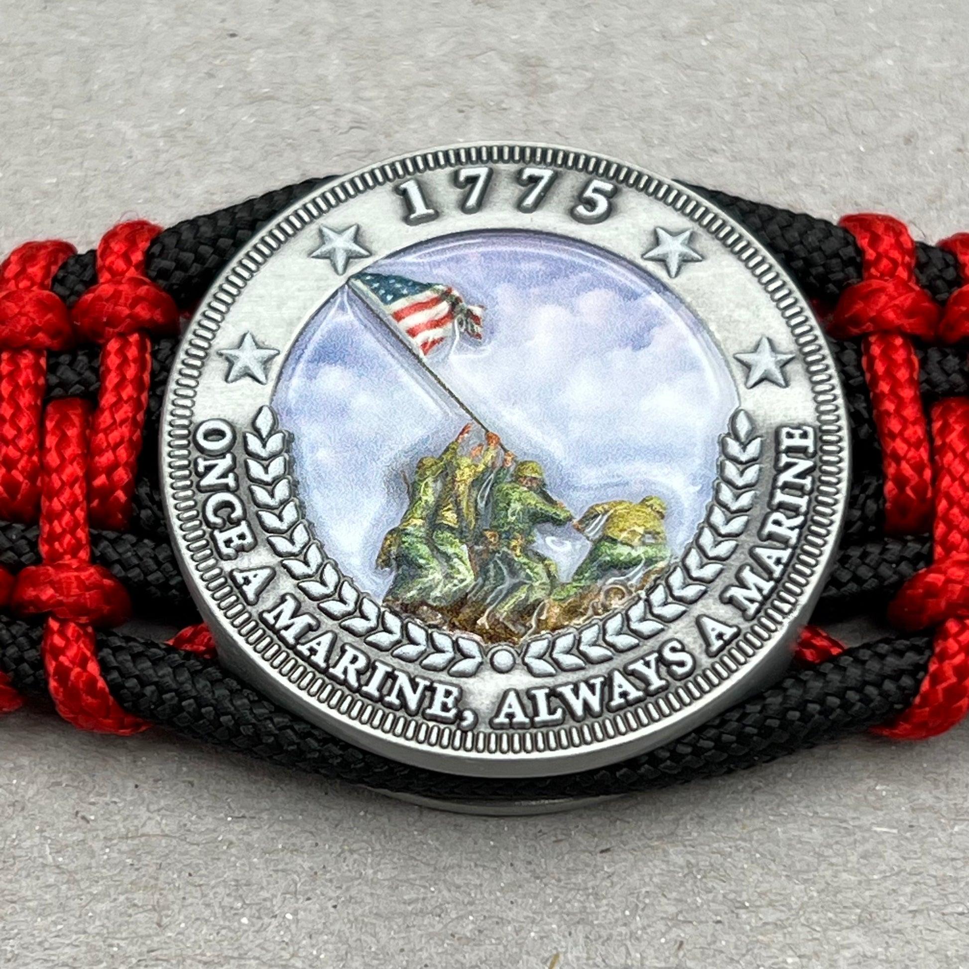 United States Marine Corps Iwo Jima handcrafted paracord bracelet. 3D UV printed injection molded beaded medallion.