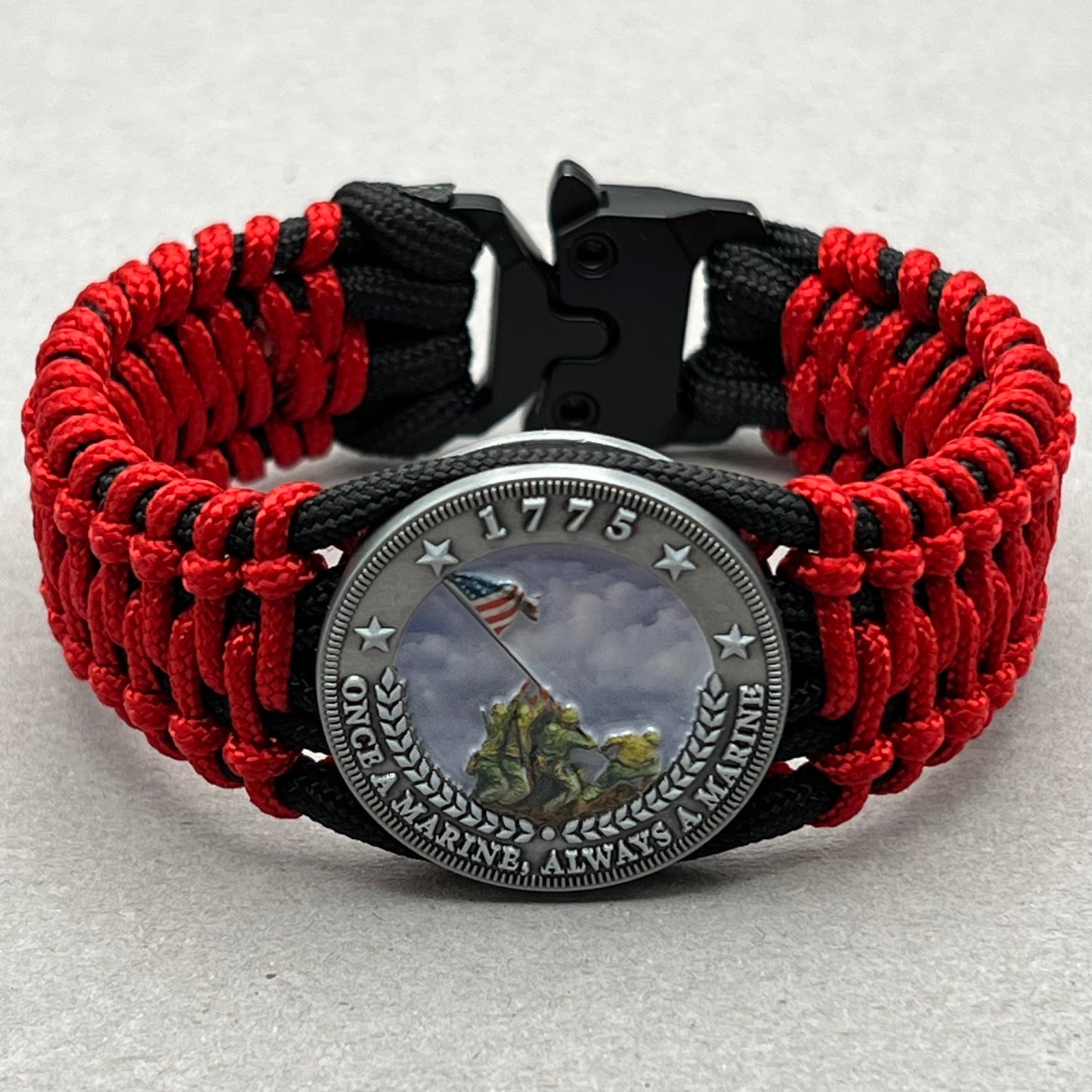 United States Marine Corps Iwo Jima handcrafted paracord bracelet. 3D UV printed injection molded beaded medallion.