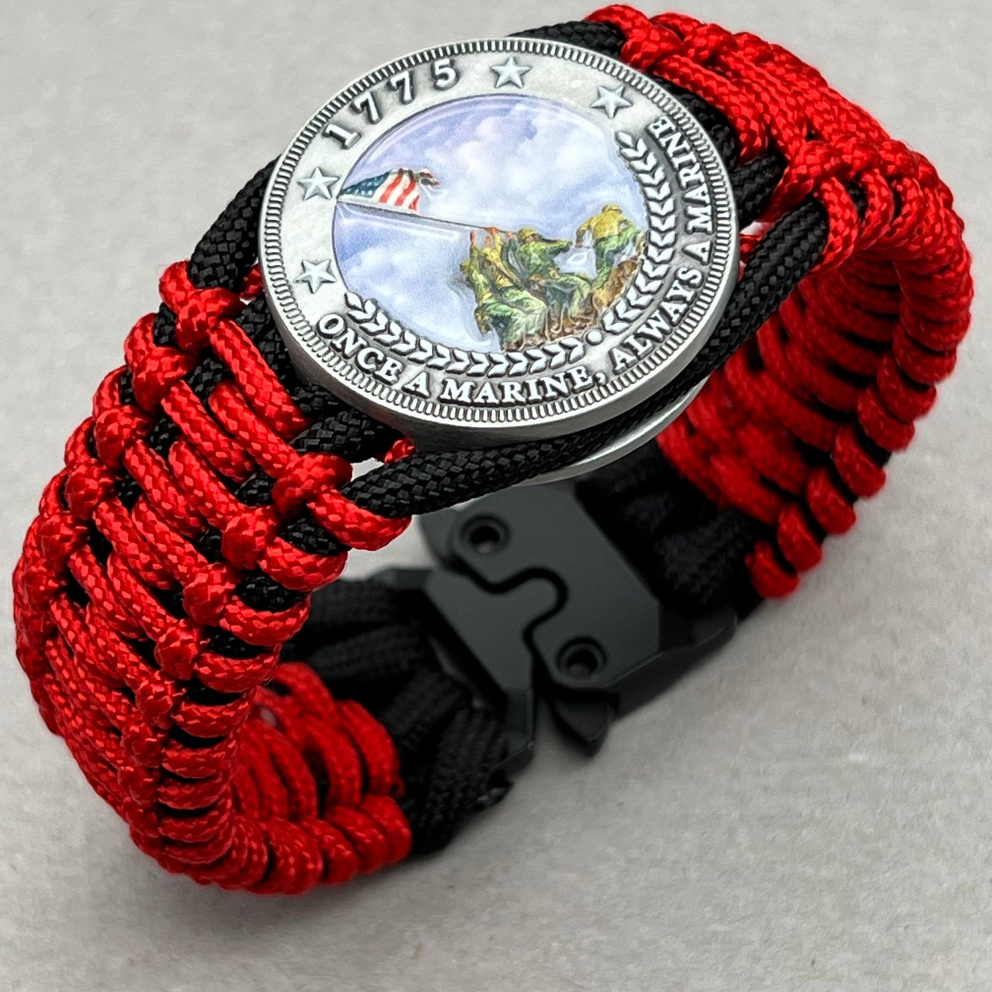 United States Marine Corps Iwo Jima handcrafted paracord bracelet. 3D UV printed injection molded beaded medallion.