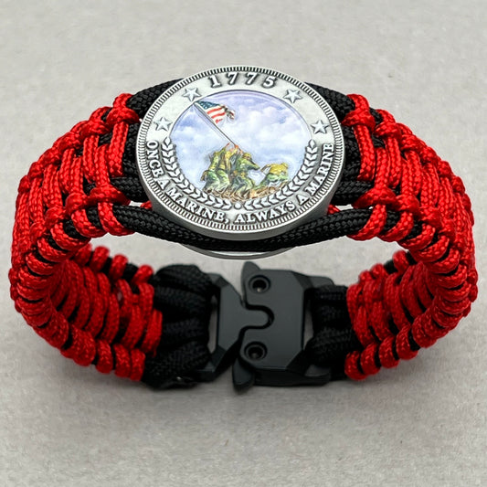 United States Marine Corps Iwo Jima handcrafted paracord bracelet. 3D UV printed injection molded beaded medallion.