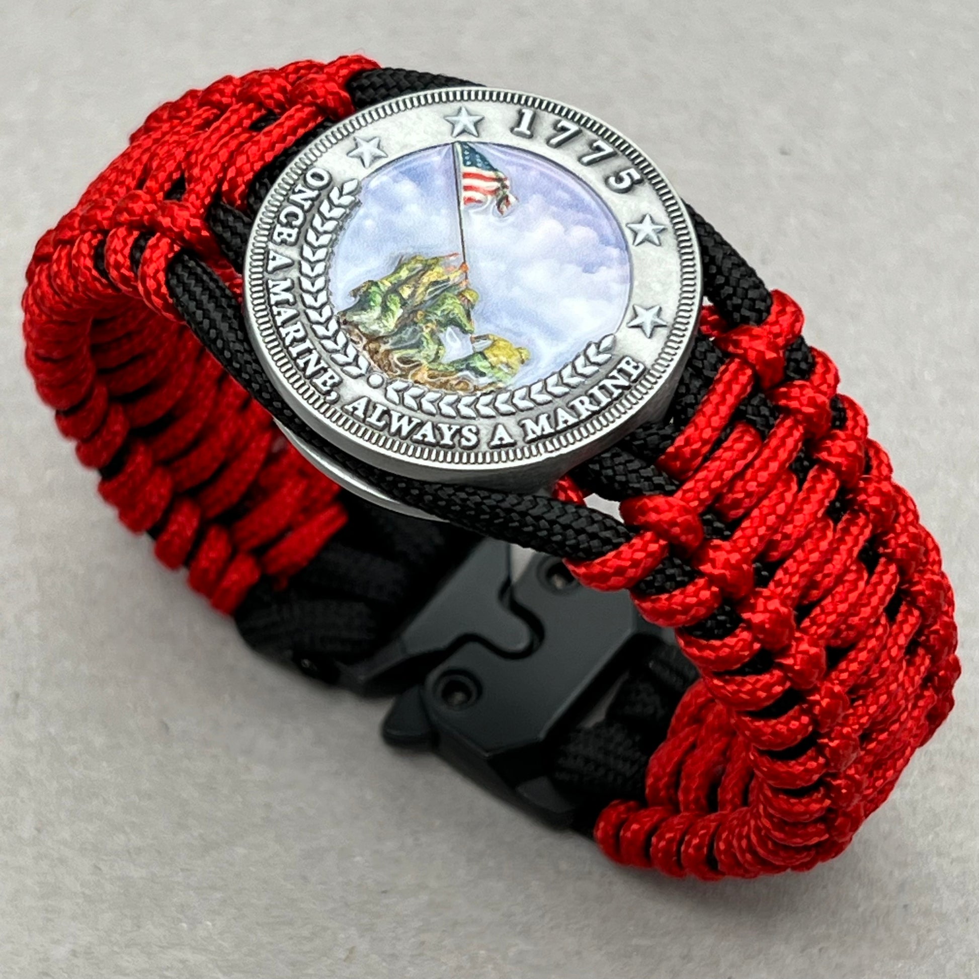 United States Marine Corps Iwo Jima handcrafted paracord bracelet. 3D UV printed injection molded beaded medallion.